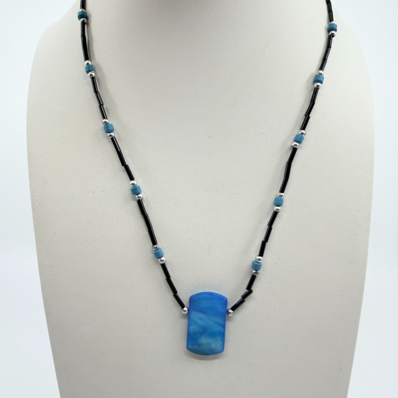 Vintage Silver Tone Blue Block Pendant Necklace Black Bugle Tube Bead Strand 90s - Thumbnail 6