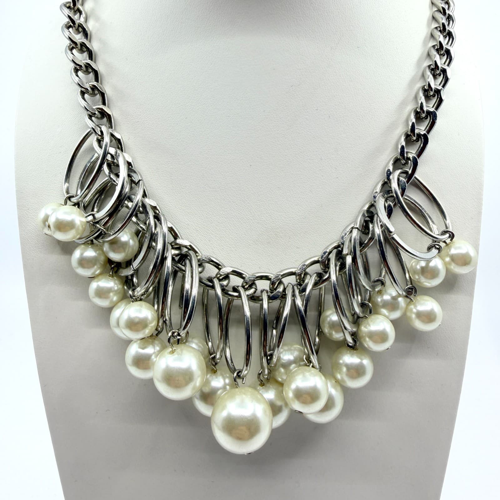 Vintage Silver Tone Chunky Curb Chain Necklace Faux Pearl Hoop Fringe Bib Boho