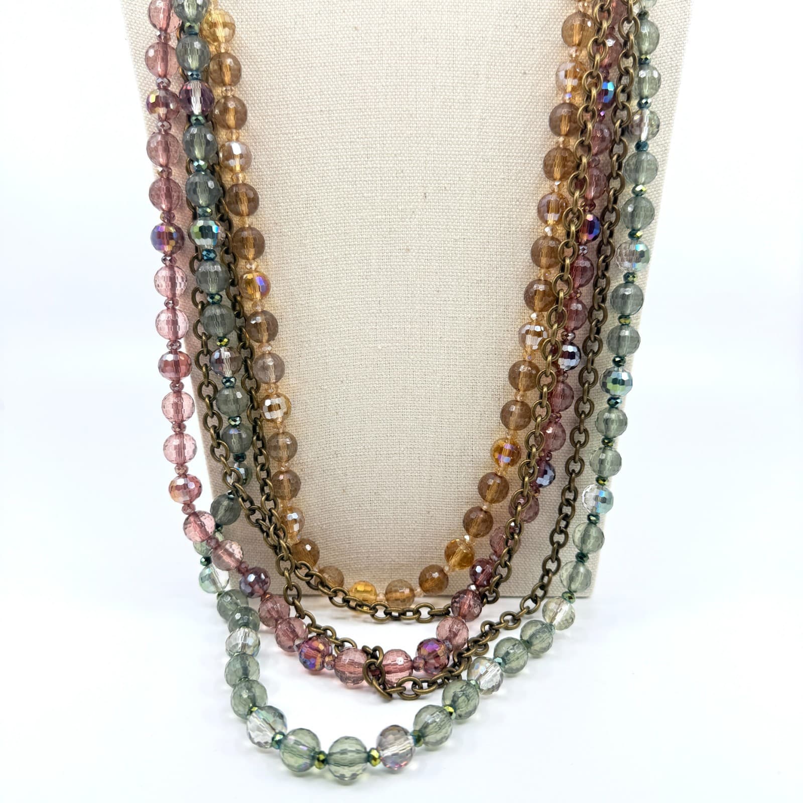 Vintage Antique Gold Tone Multi Strand Necklace Faceted Glass AB Bead Boho 90s