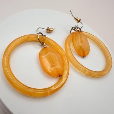 Vintage 80s Marbled Amber Resin Hoop Dangle Earrings Boohoo Chic Drop Jewelry - Thumbnail 4