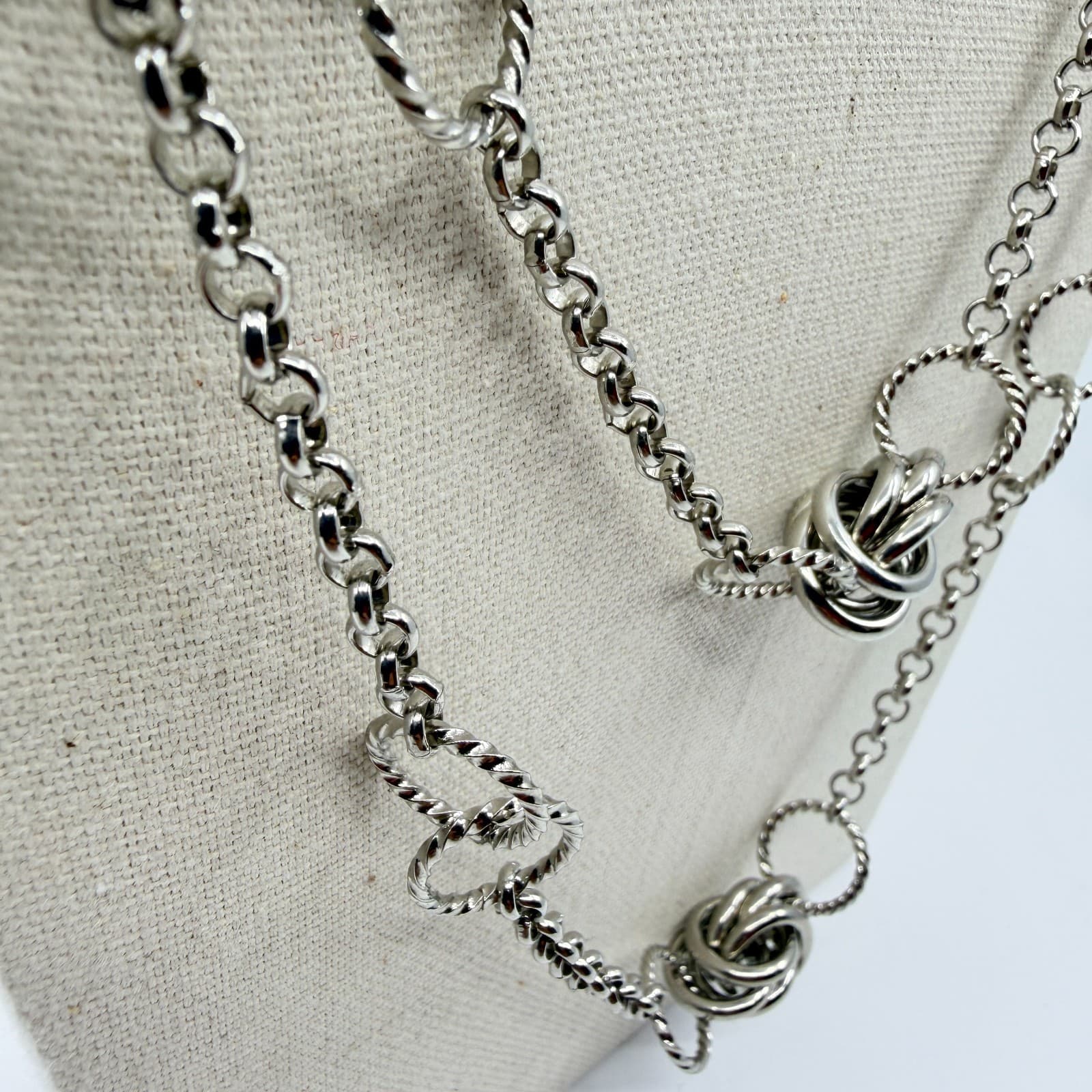 Vintage Silver Tone Long Layered Chain Necklace Textured Love Knot Station Boho - Thumbnail 4