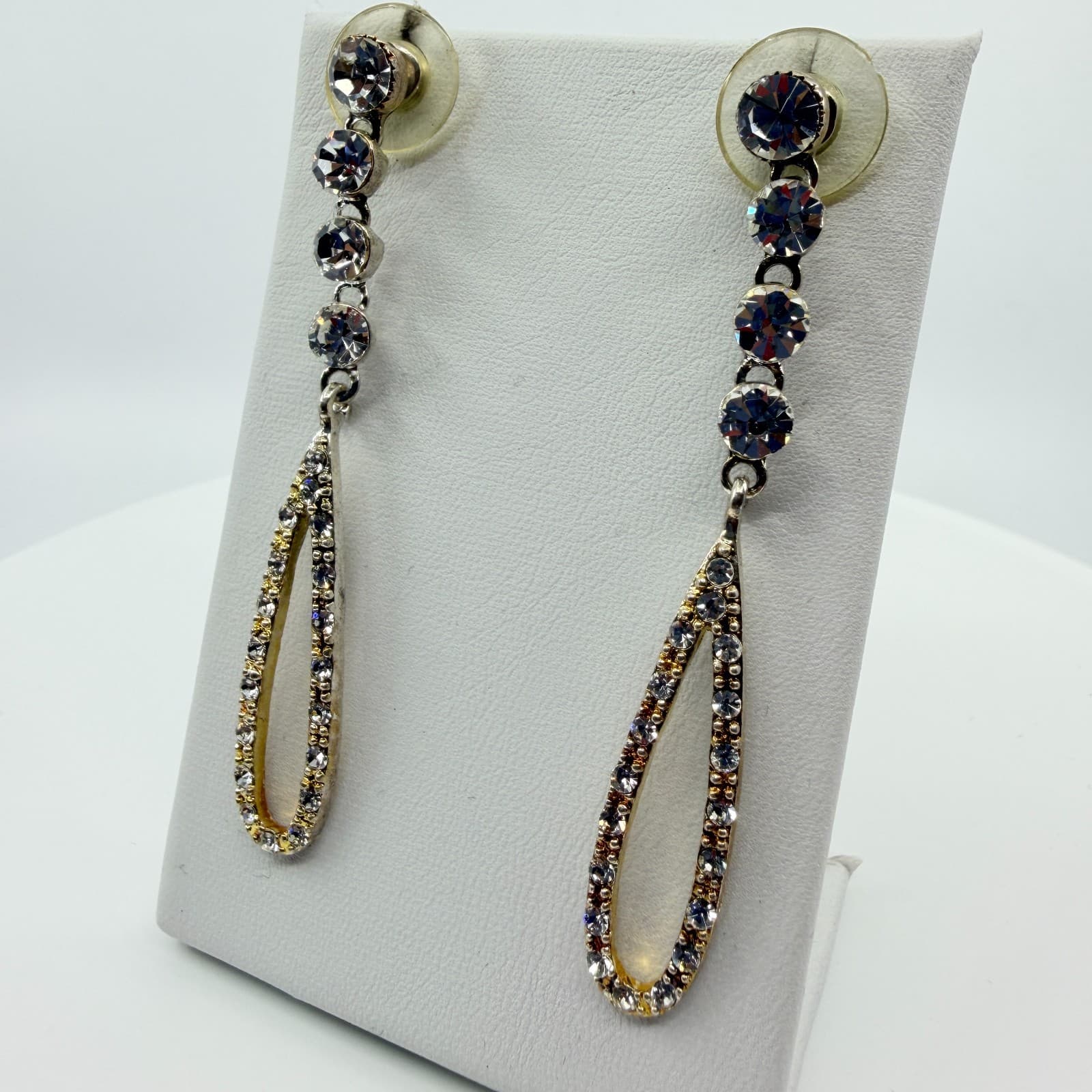 Vintage Gold Tone Dangle Earrings AB Rhinestone Teardrop Open Hoop Statement Y2K - Thumbnail 3