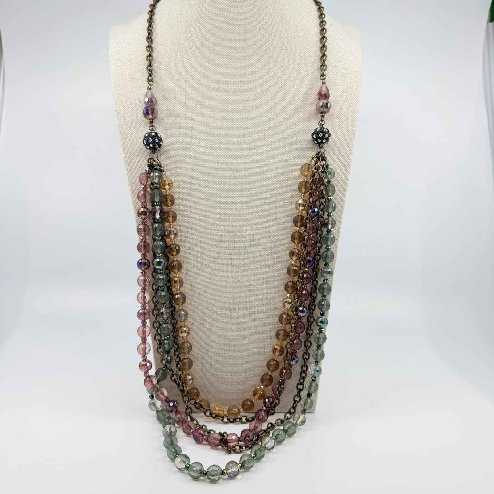 Vintage Antique Gold Tone Multi Strand Necklace Faceted Glass AB Bead Boho 90s - Thumbnail 3