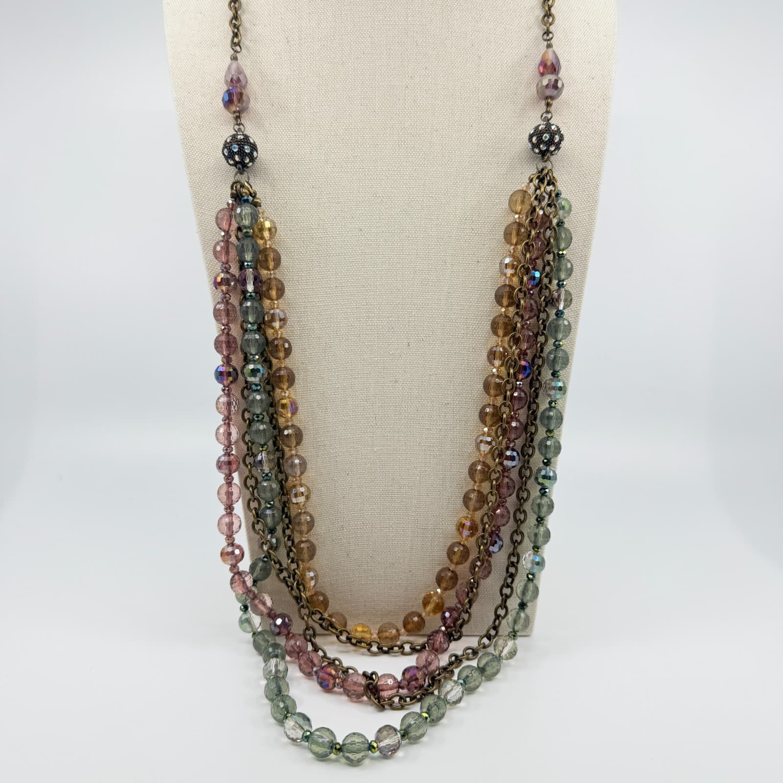 Vintage Antique Gold Tone Multi Strand Necklace Faceted Glass AB Bead Boho 90s - Thumbnail 2
