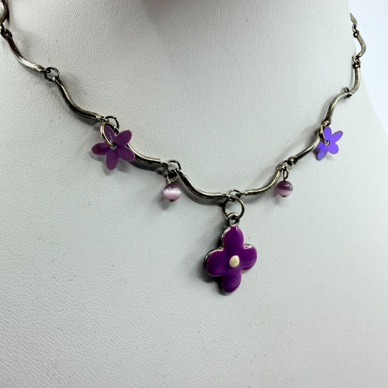 Vintage Gold Tone Jewelry Set Purple Enamel Flower Necklace Bracelet Statement - Thumbnail 11