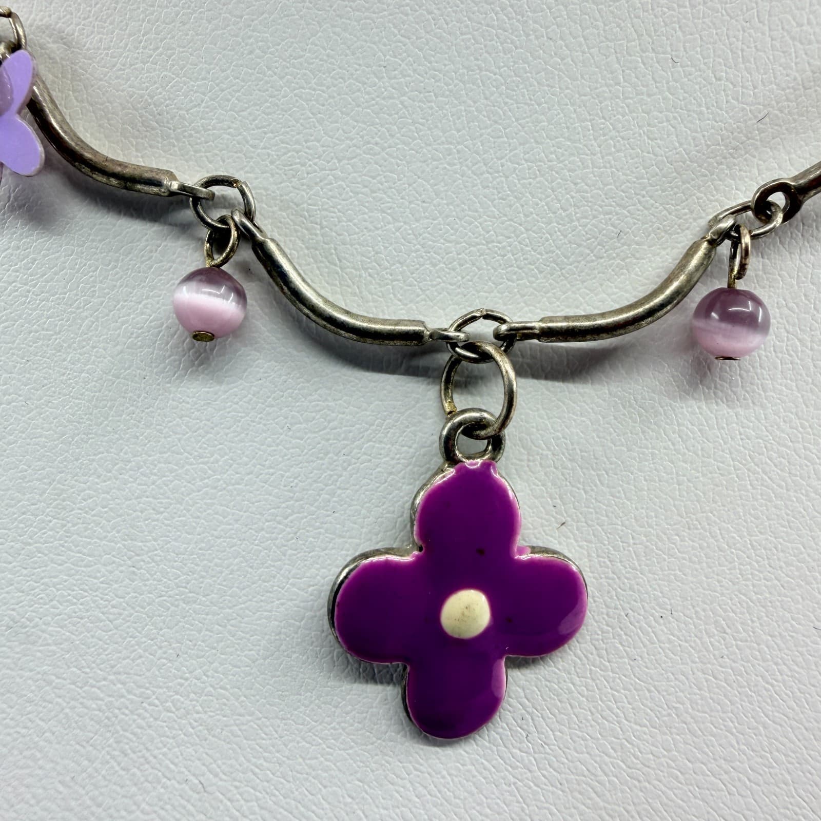 Vintage Gold Tone Jewelry Set Purple Enamel Flower Necklace Bracelet Statement - Thumbnail 9