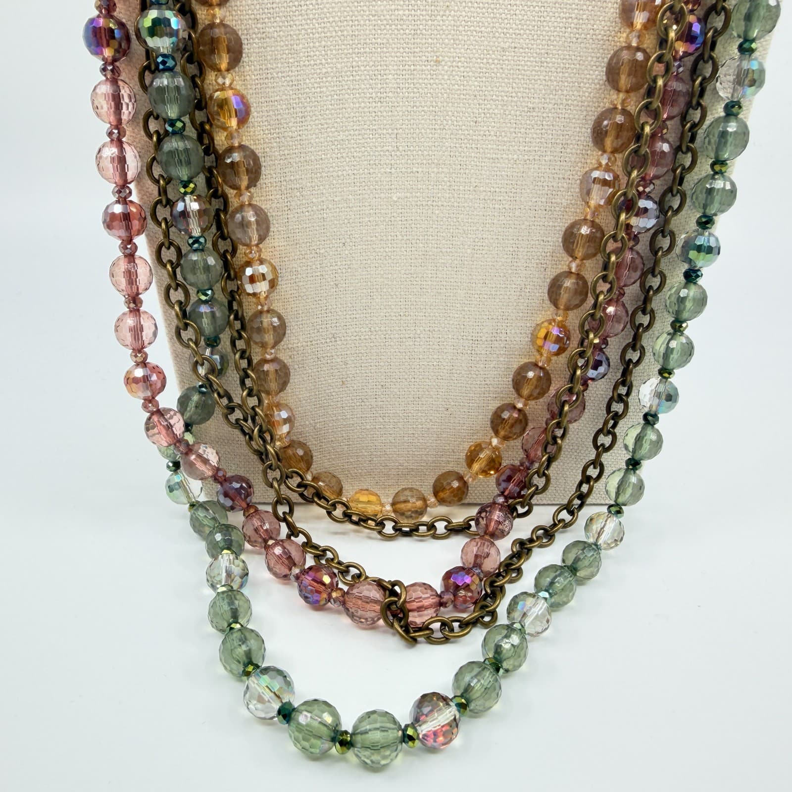 Vintage Antique Gold Tone Multi Strand Necklace Faceted Glass AB Bead Boho 90s - Thumbnail 5