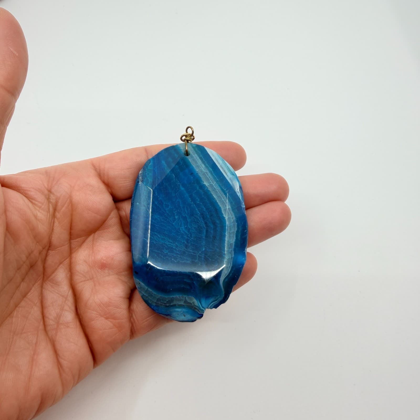 Vintage Blue Agate Style Pendant Large Faceted Oval Slab Marbled Geode Boho Y2K - Thumbnail 7