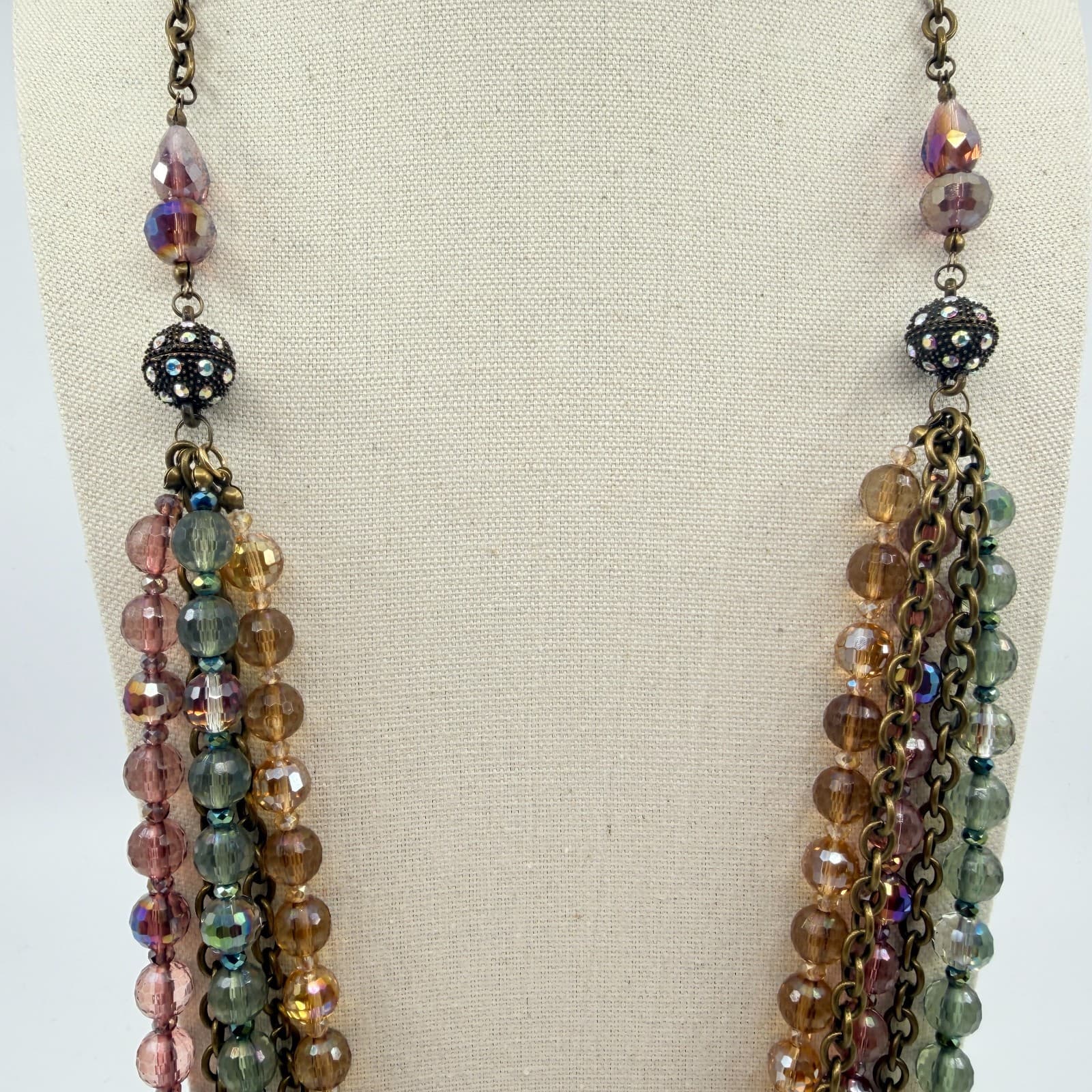 Vintage Antique Gold Tone Multi Strand Necklace Faceted Glass AB Bead Boho 90s - Thumbnail 6