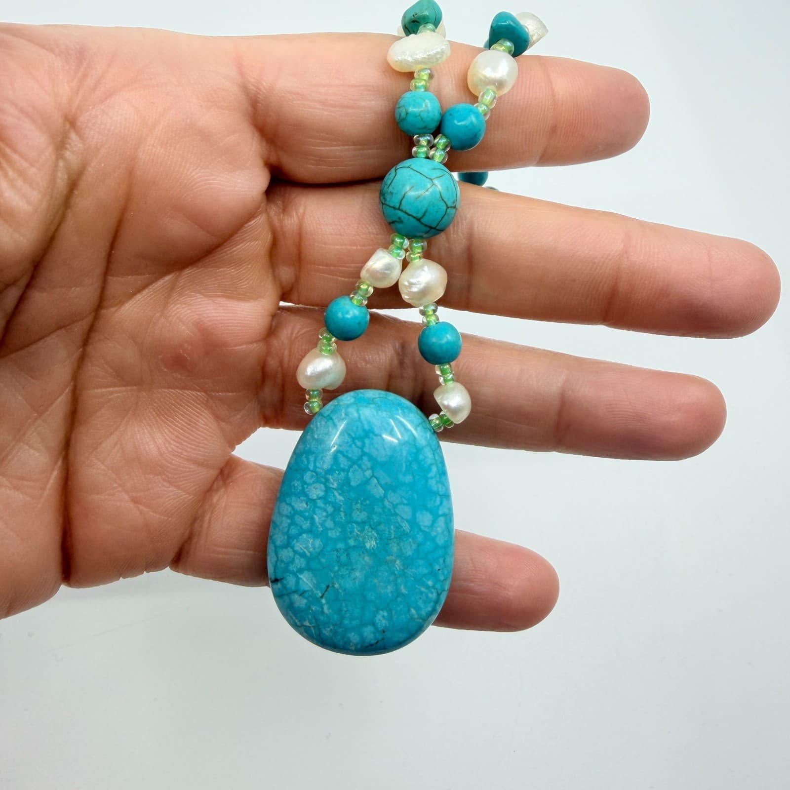 Vintage Faux Turquoise Pendant Necklace Simulated Pearl Bead Strand Y Drop 90s - Thumbnail 7
