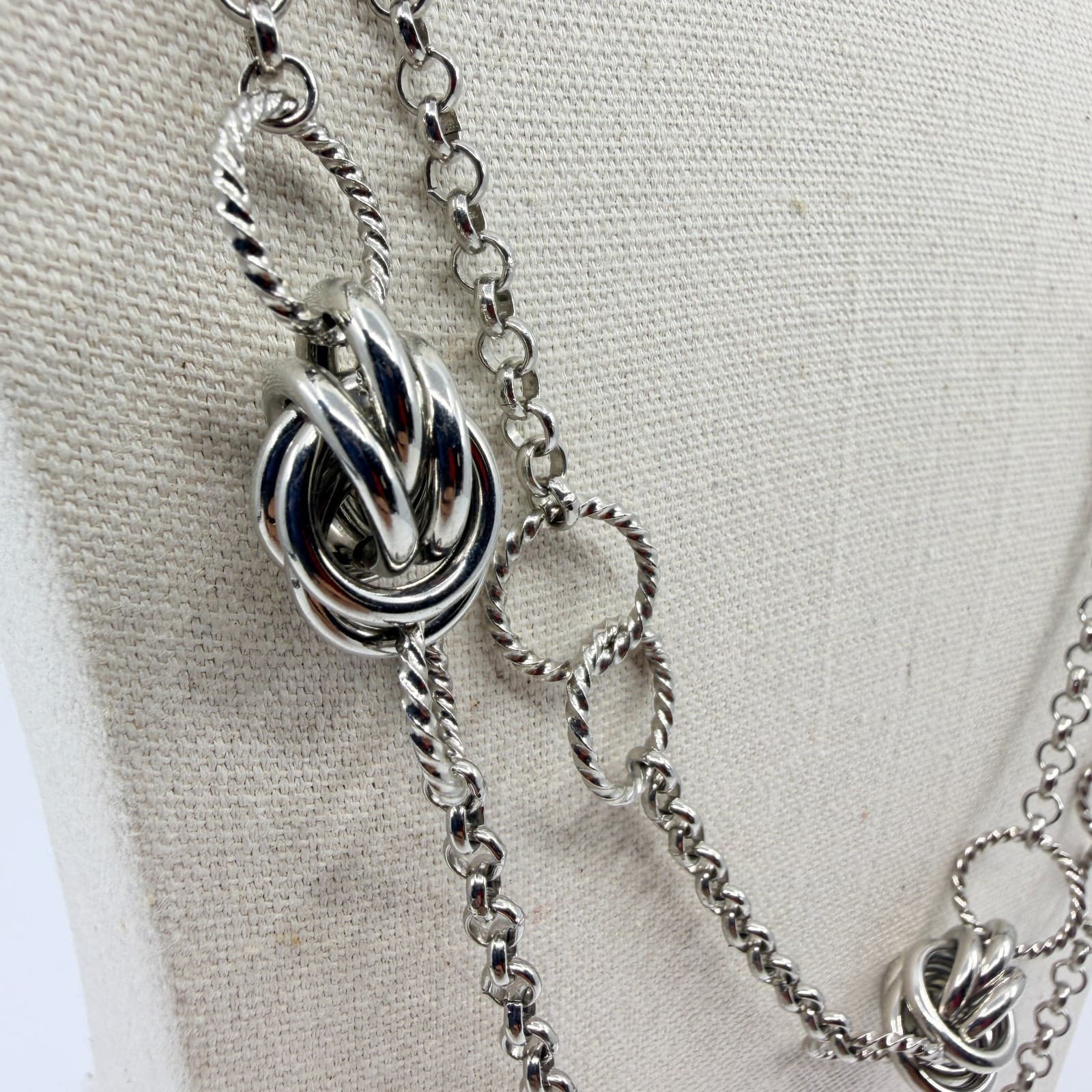 Vintage Silver Tone Long Layered Chain Necklace Textured Love Knot Station Boho - Thumbnail 3