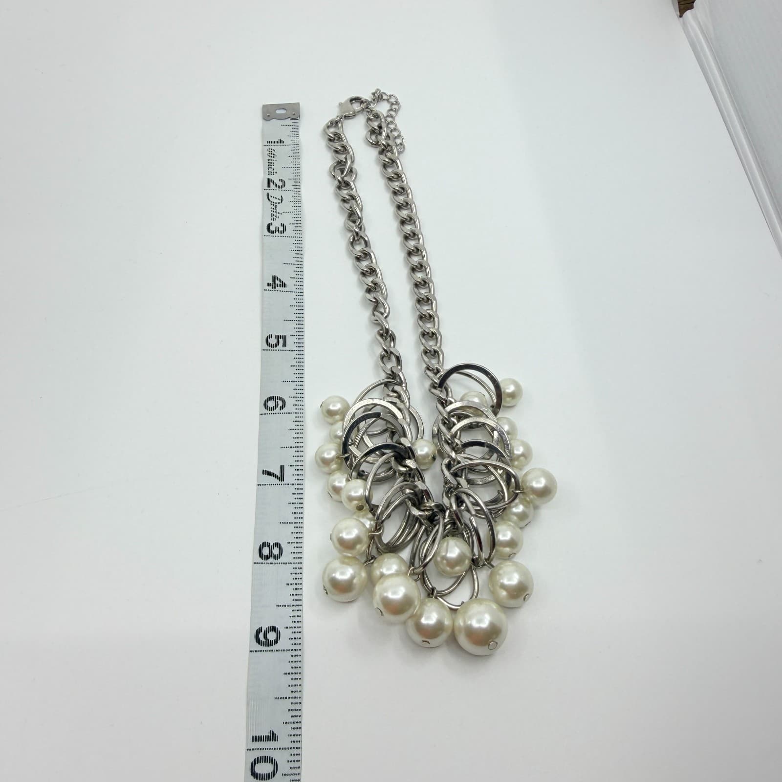 Vintage Silver Tone Chunky Curb Chain Necklace Faux Pearl Hoop Fringe Bib Boho - Thumbnail 9