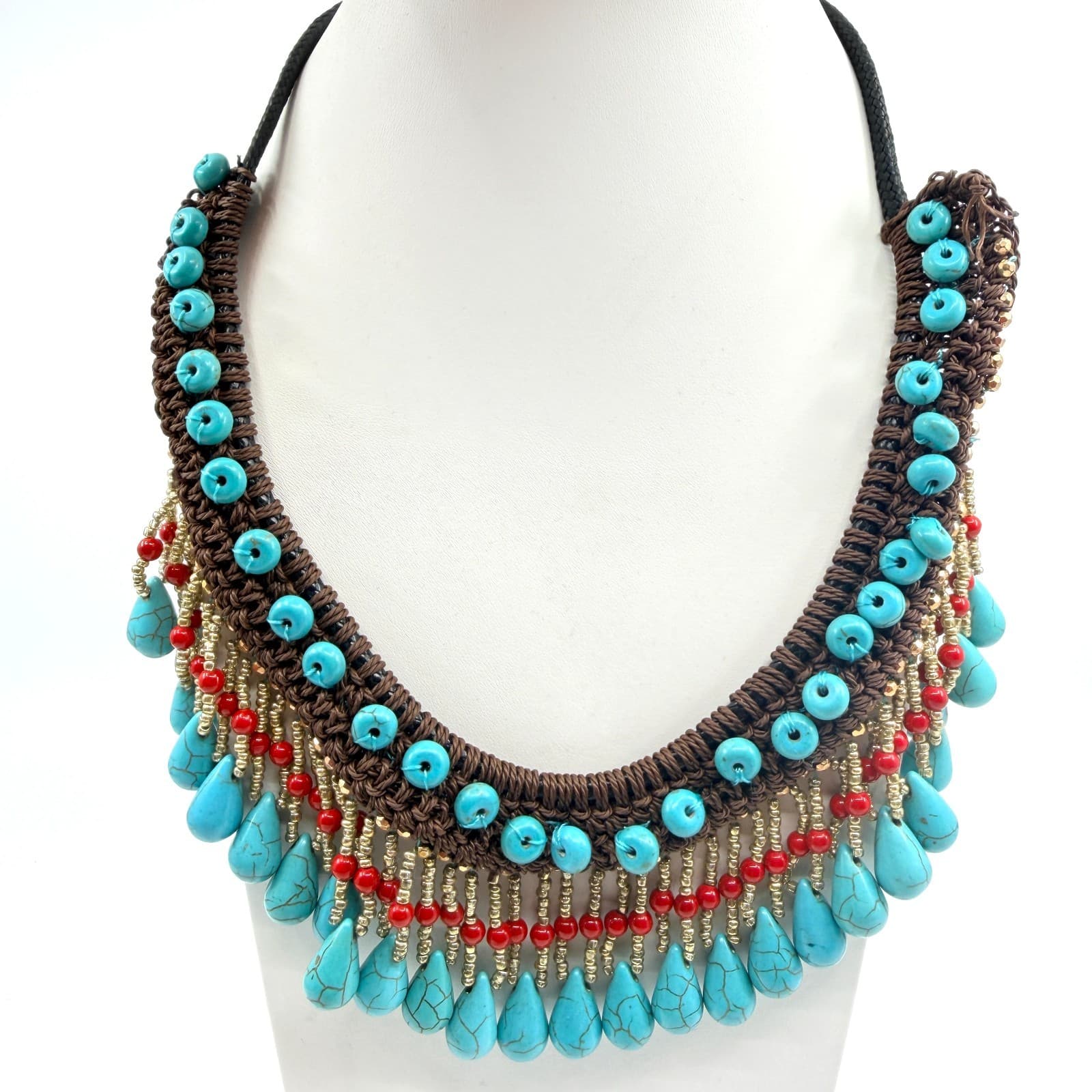 Vintage Faux Turquoise Bib Necklace Brown Macrame Cord Red Bead Fringe Boho 90s