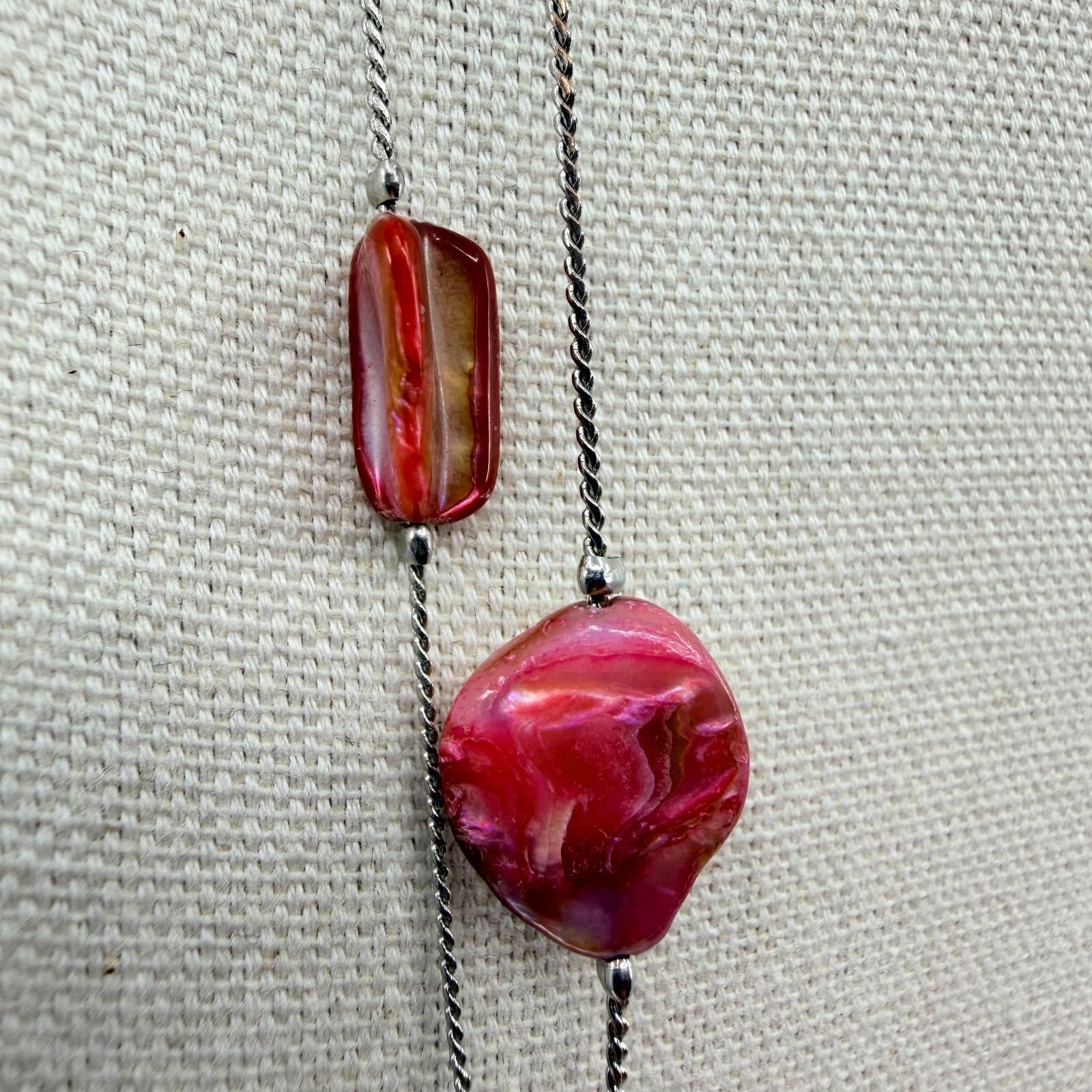 Vintage Silver Tone Long Layered Necklace Pink Red Orange Faux Shell Bead Boho - Thumbnail 5