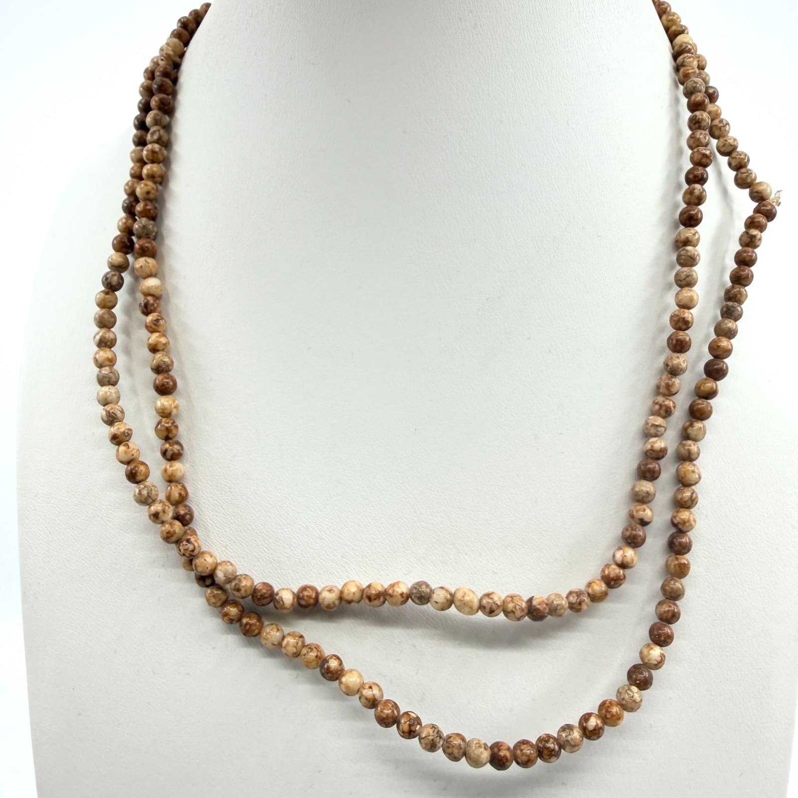 Vintage Brown Marbled Earth Tone Bead Strand Necklace Long Layered Retro Boho