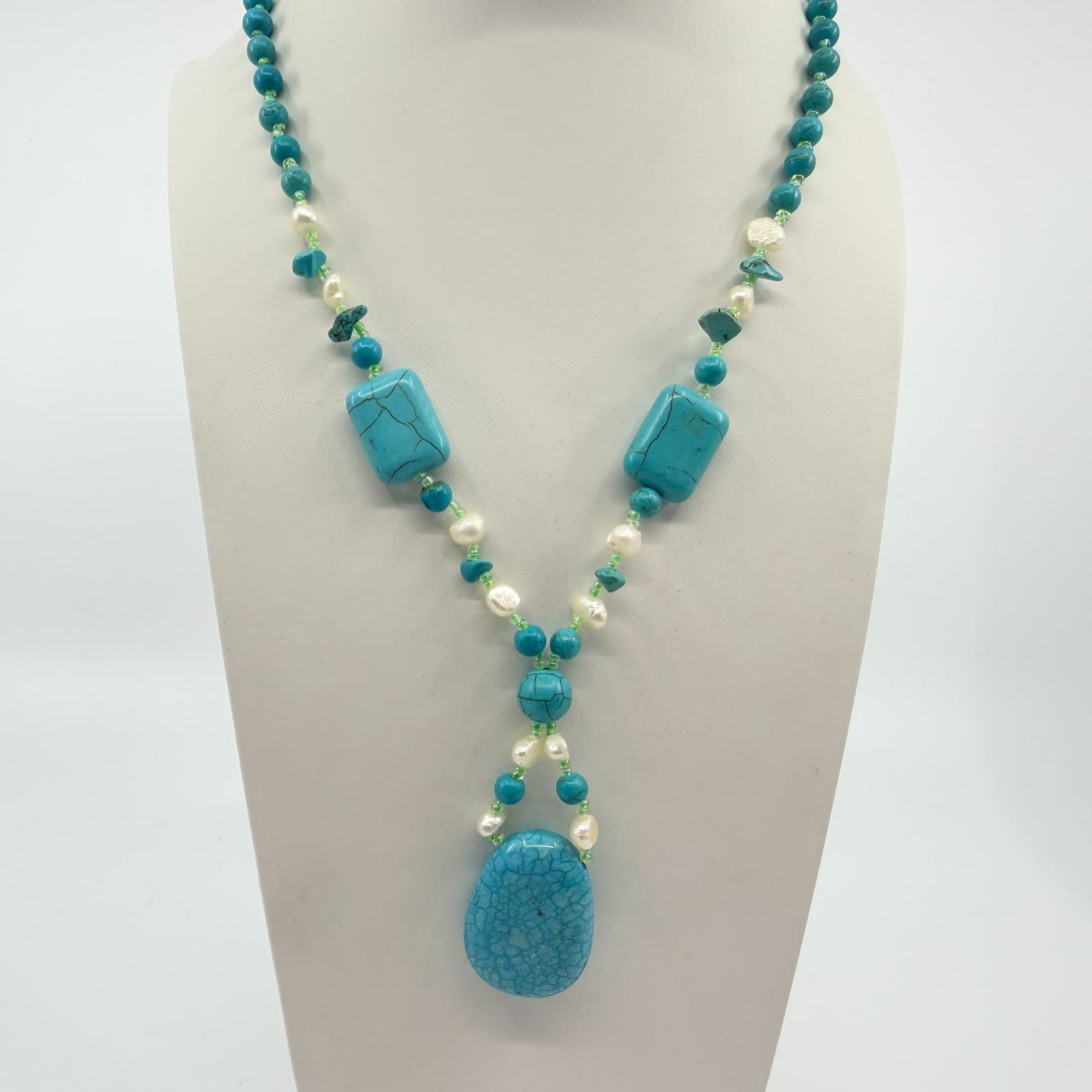 Vintage Faux Turquoise Pendant Necklace Simulated Pearl Bead Strand Y Drop 90s - Thumbnail 4