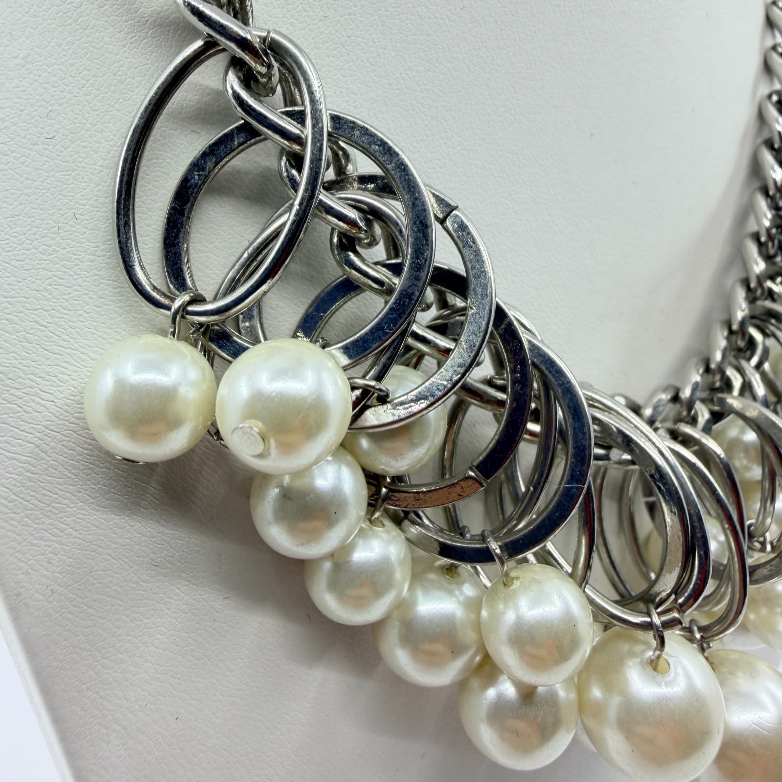Vintage Silver Tone Chunky Curb Chain Necklace Faux Pearl Hoop Fringe Bib Boho - Thumbnail 3