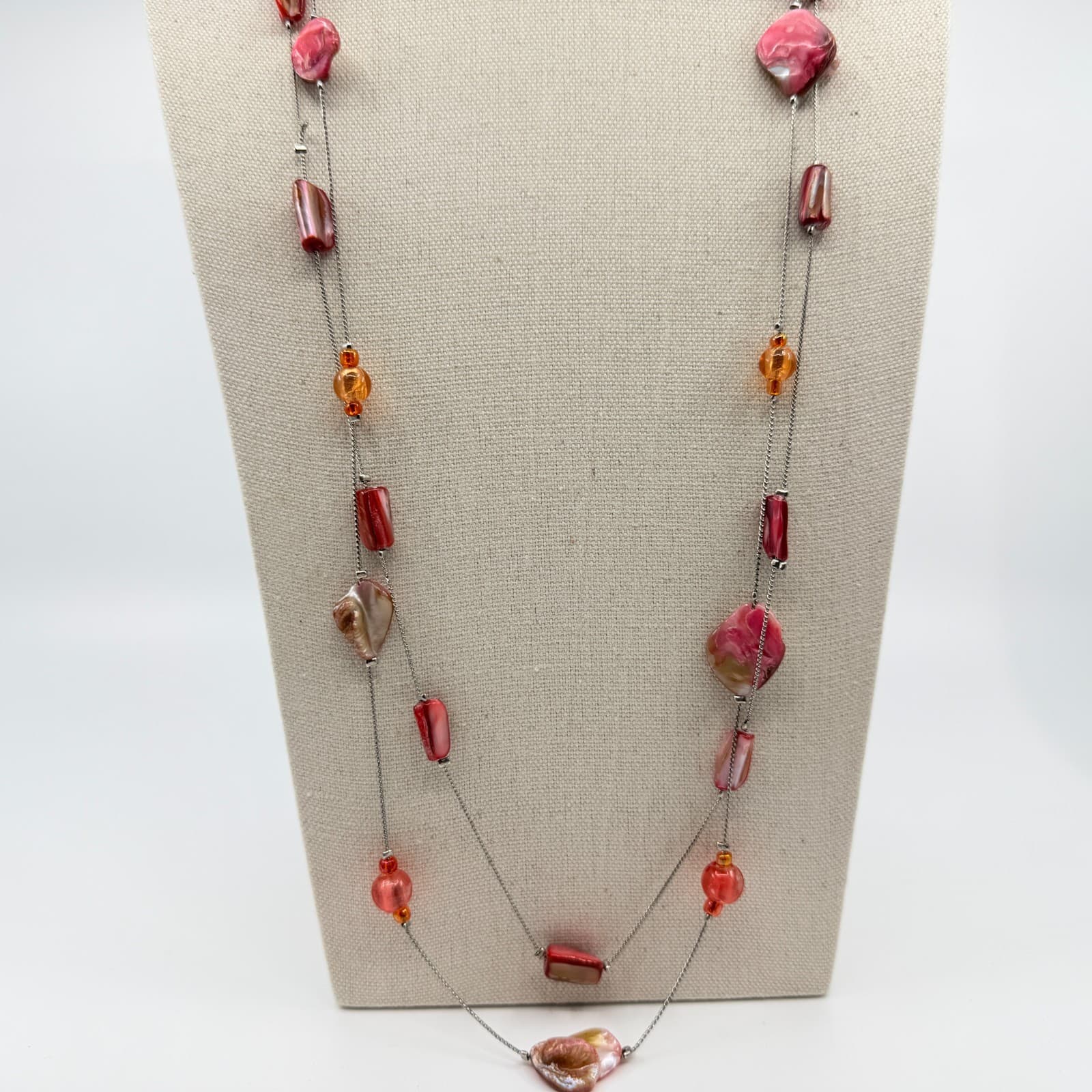 Vintage Silver Tone Long Layered Necklace Pink Red Orange Faux Shell Bead Boho - Thumbnail 3