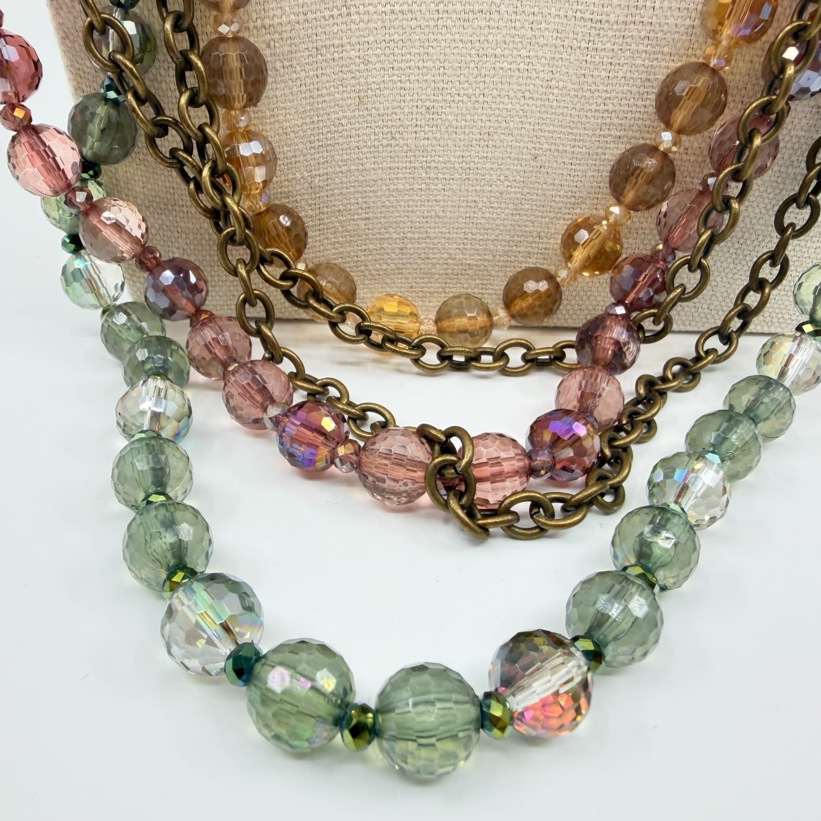 Vintage Antique Gold Tone Multi Strand Necklace Faceted Glass AB Bead Boho 90s - Thumbnail 4