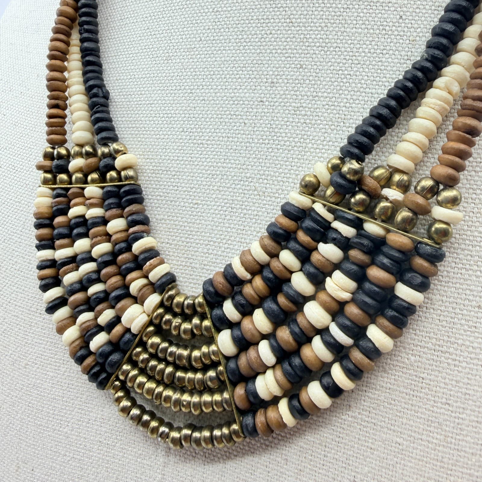 Vintage Brass Tone Multi Strand Beaded Choker Bib Necklace Black Cream Gold Boho - Thumbnail 6