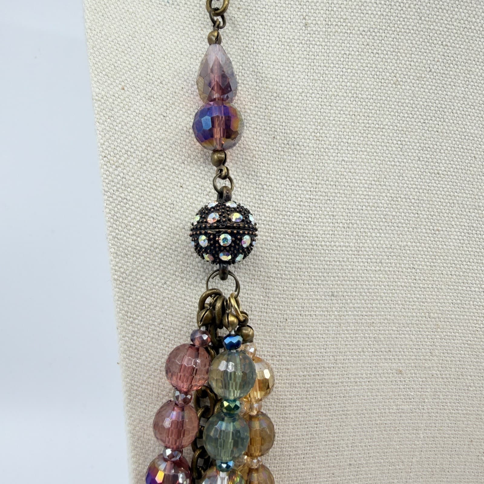 Vintage Antique Gold Tone Multi Strand Necklace Faceted Glass AB Bead Boho 90s - Thumbnail 7