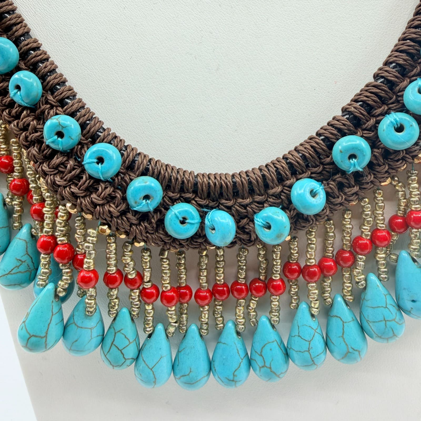 Vintage Faux Turquoise Bib Necklace Brown Macrame Cord Red Bead Fringe Boho 90s - Thumbnail 2