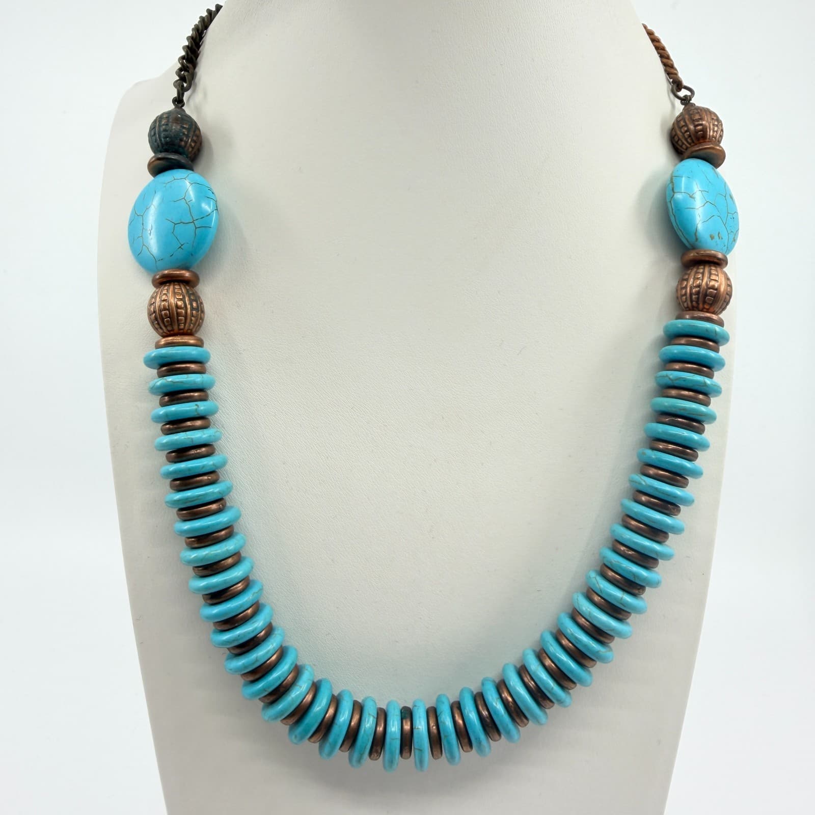 Vintage Copper Tone Bead Strand Necklace Faux Turquoise Disc Spacer Chunky Boho - Thumbnail 5