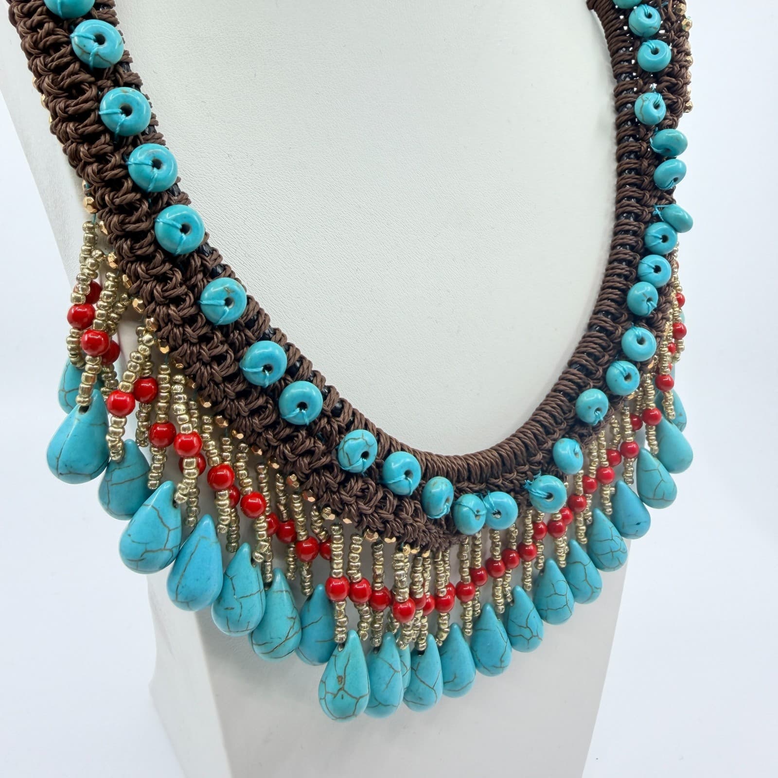 Vintage Faux Turquoise Bib Necklace Brown Macrame Cord Red Bead Fringe Boho 90s - Thumbnail 3