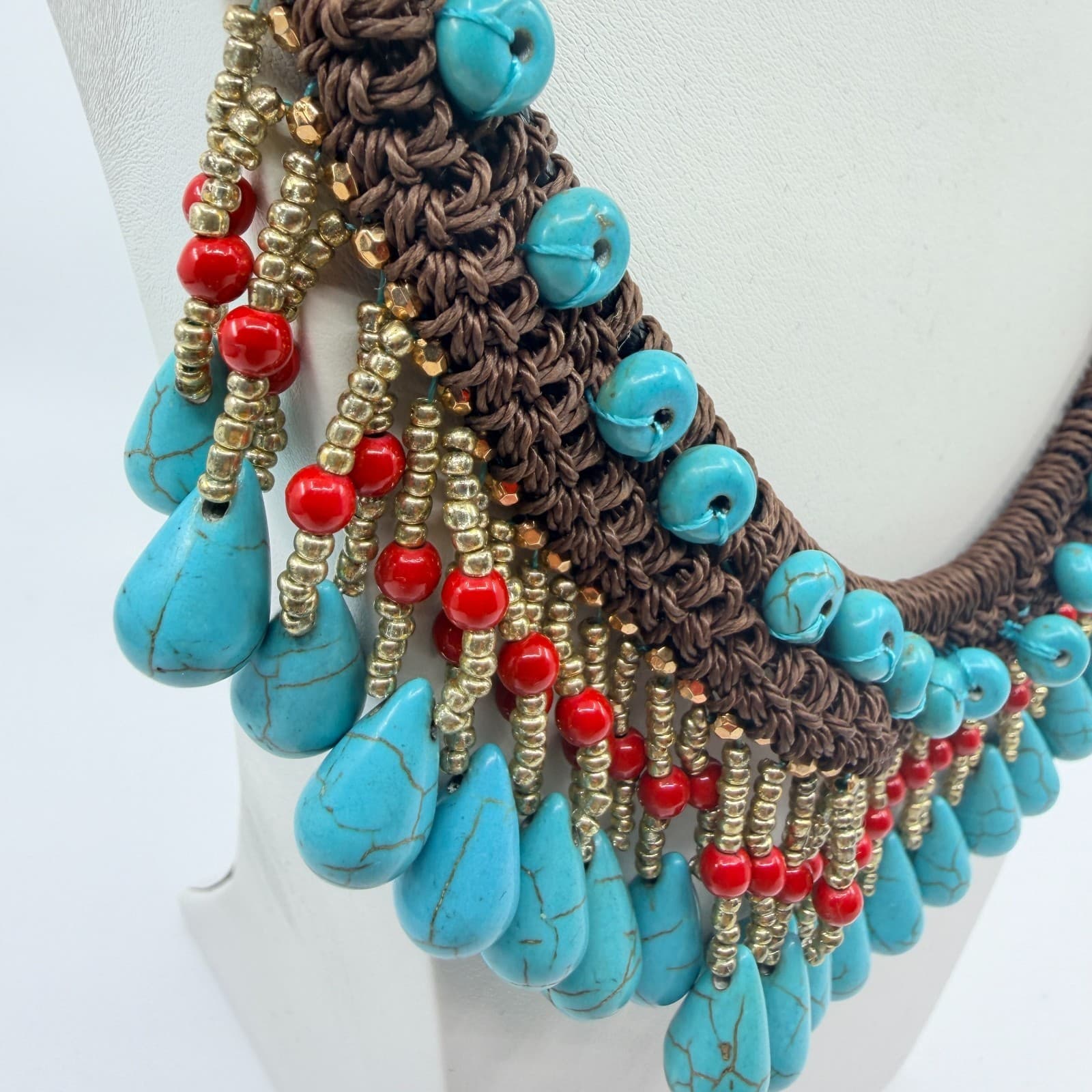 Vintage Faux Turquoise Bib Necklace Brown Macrame Cord Red Bead Fringe Boho 90s - Thumbnail 4