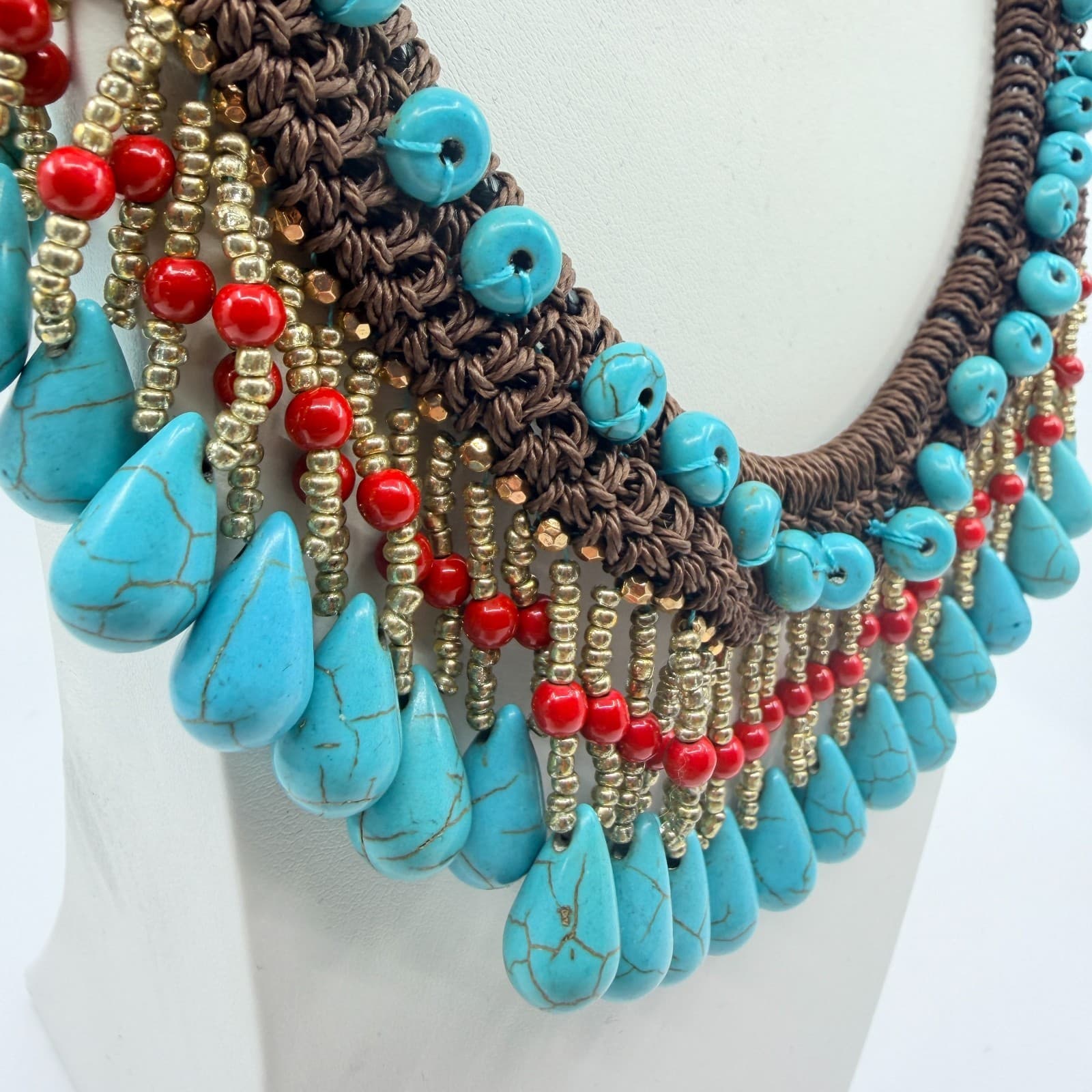 Vintage Faux Turquoise Bib Necklace Brown Macrame Cord Red Bead Fringe Boho 90s - Thumbnail 5