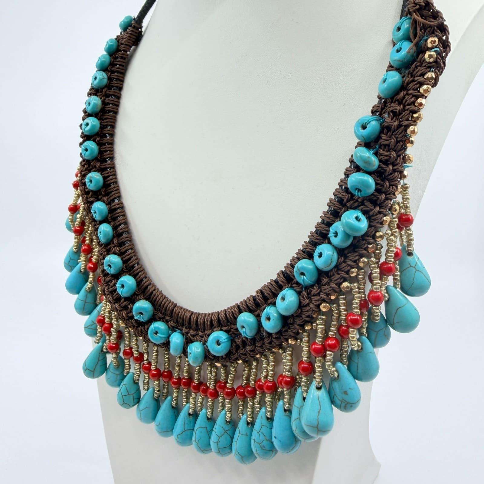 Vintage Faux Turquoise Bib Necklace Brown Macrame Cord Red Bead Fringe Boho 90s - Thumbnail 6