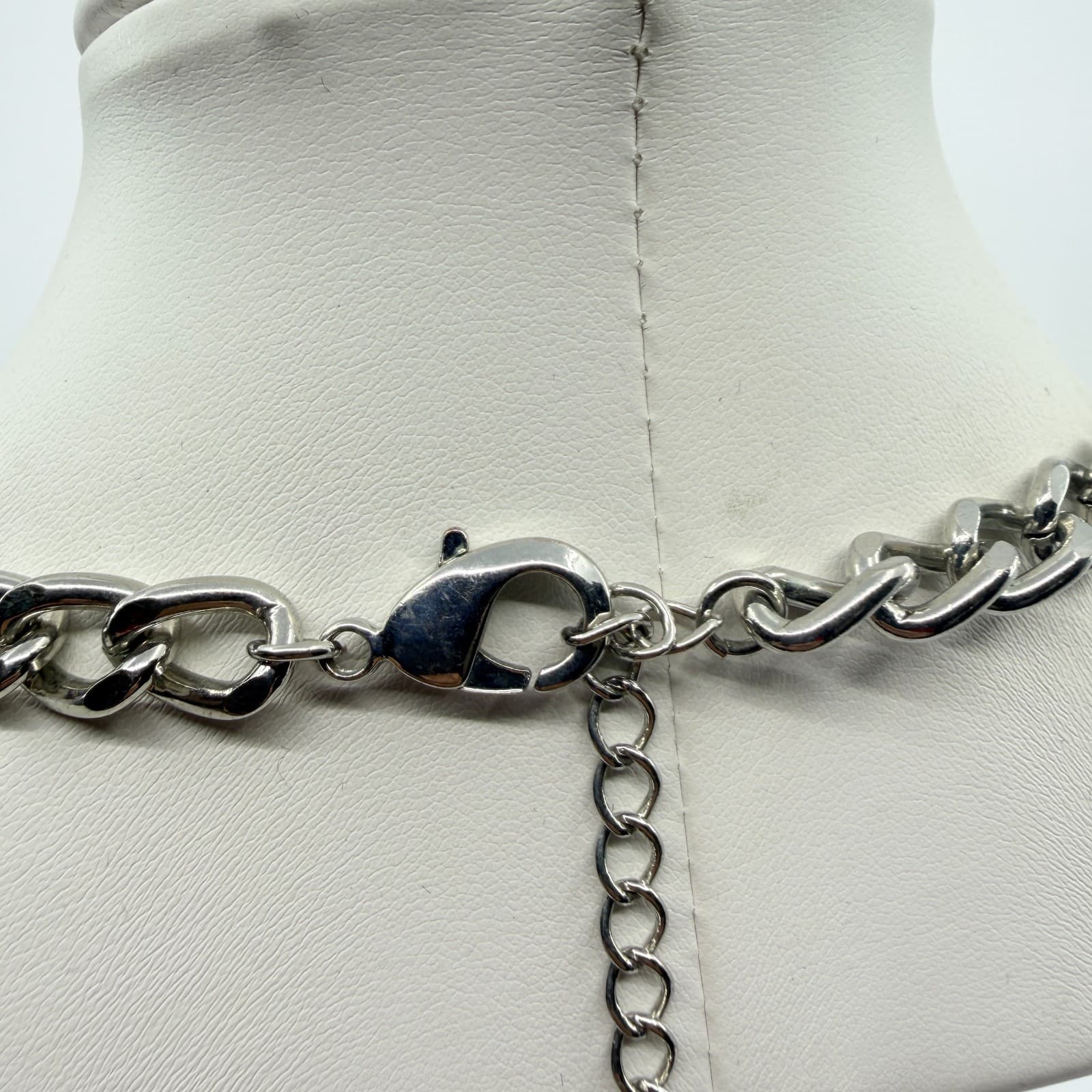 Vintage Silver Tone Chunky Curb Chain Necklace Faux Pearl Hoop Fringe Bib Boho - Thumbnail 8