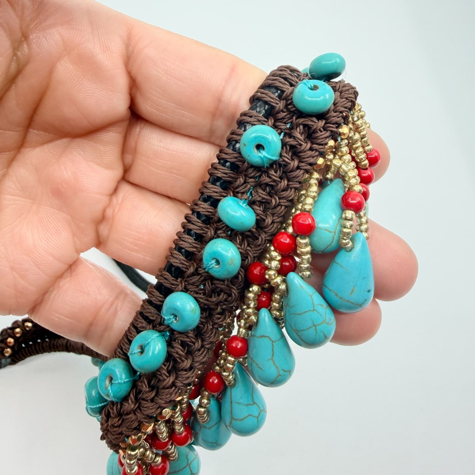 Vintage Faux Turquoise Bib Necklace Brown Macrame Cord Red Bead Fringe Boho 90s - Thumbnail 10