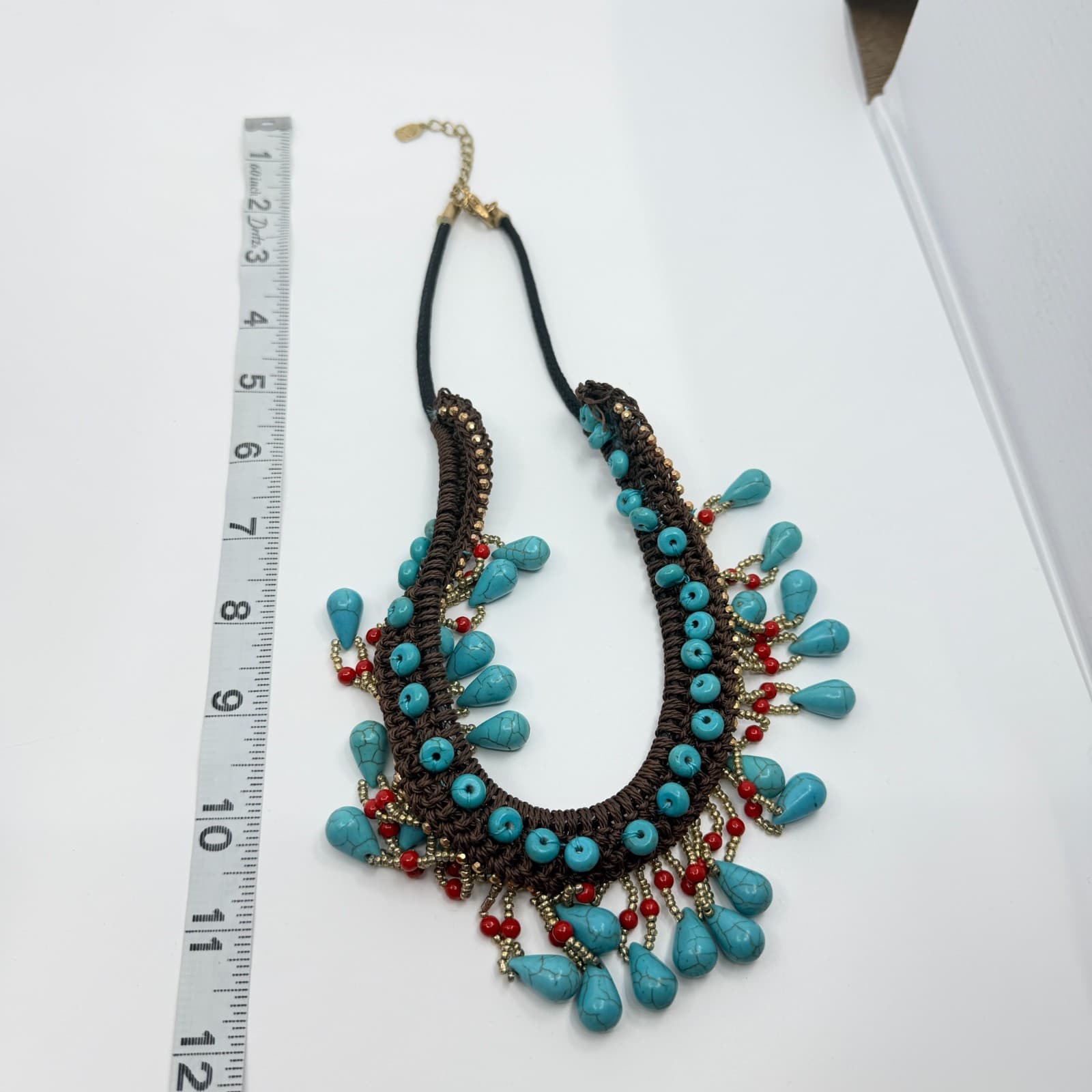 Vintage Faux Turquoise Bib Necklace Brown Macrame Cord Red Bead Fringe Boho 90s - Thumbnail 11