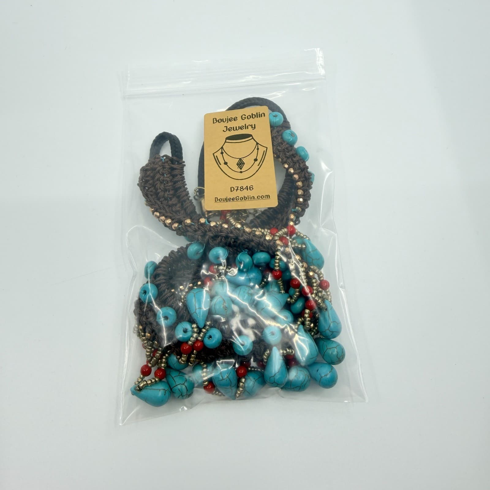 Vintage Faux Turquoise Bib Necklace Brown Macrame Cord Red Bead Fringe Boho 90s - Thumbnail 12