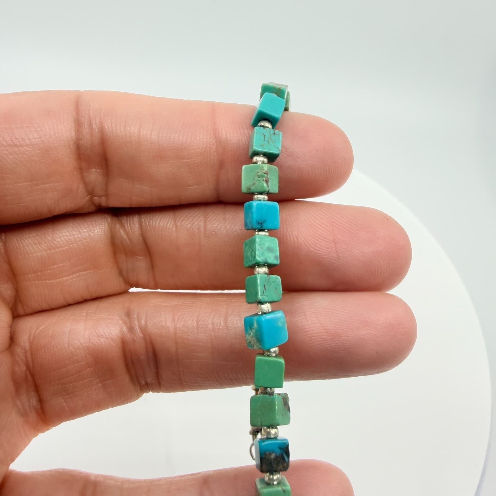 Vintage Silver Tone Bracelet Faux Turquoise Blue Green Cube Square Bead Boho 90s - Thumbnail 7
