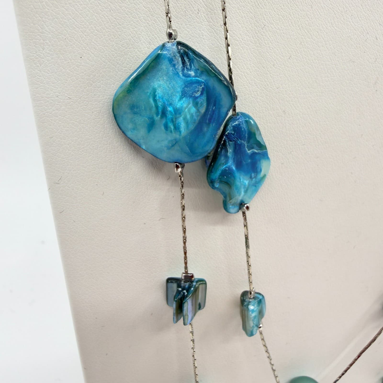 Vintage Silver Tone Long Layered Necklace Teal Blue Green Faux Shell Bead Boho - Thumbnail 2