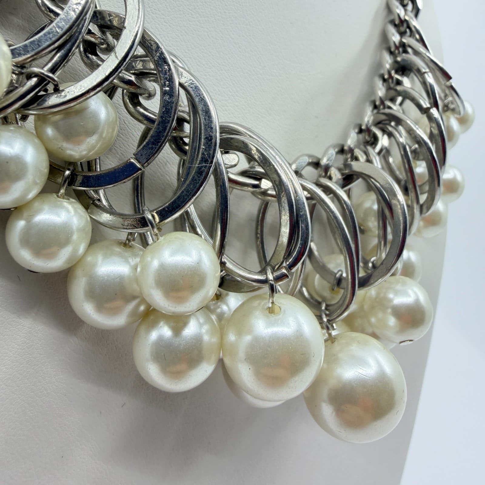 Vintage Silver Tone Chunky Curb Chain Necklace Faux Pearl Hoop Fringe Bib Boho - Thumbnail 4