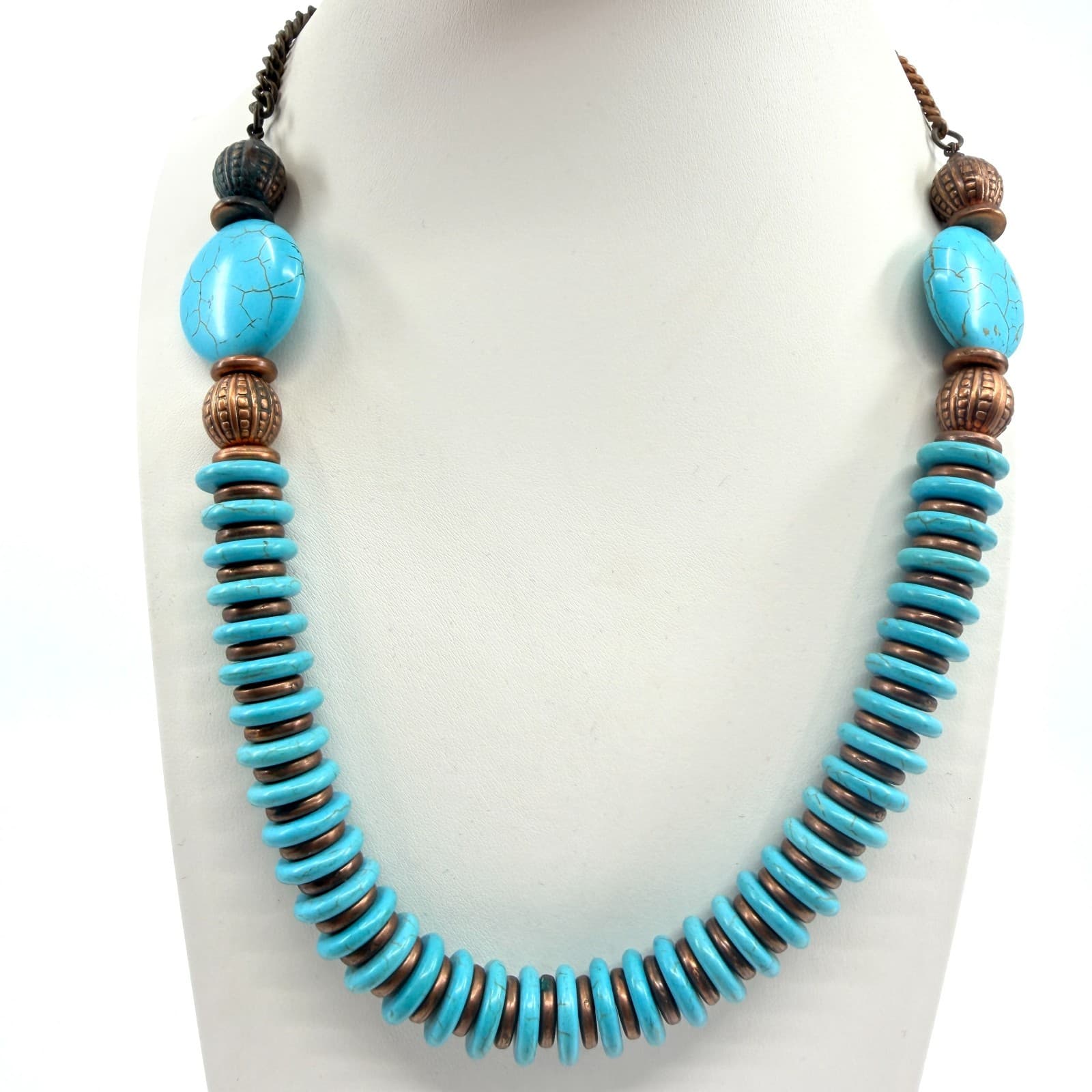 Vintage Copper Tone Bead Strand Necklace Faux Turquoise Disc Spacer Chunky Boho