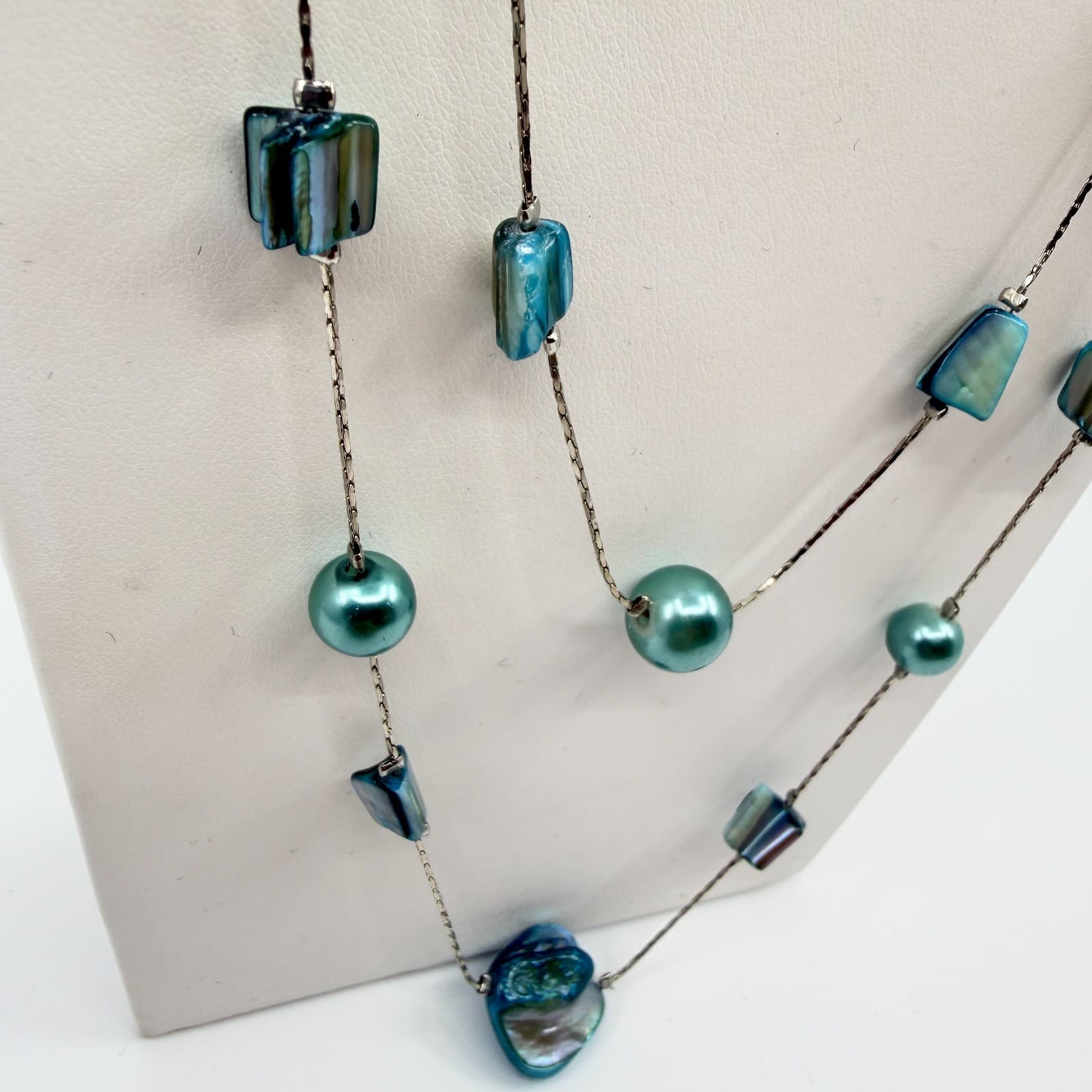 Vintage Silver Tone Long Layered Necklace Teal Blue Green Faux Shell Bead Boho - Thumbnail 3