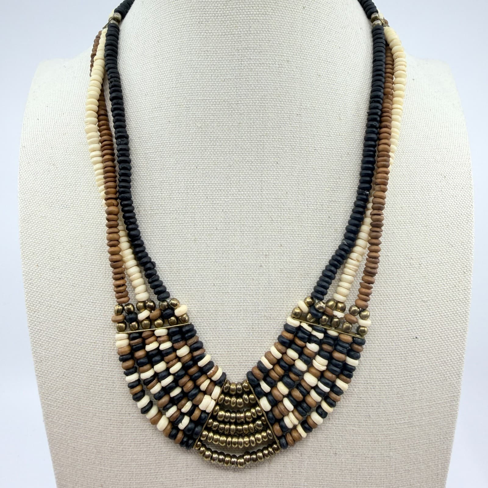 Vintage Brass Tone Multi Strand Beaded Choker Bib Necklace Black Cream Gold Boho - Thumbnail 3