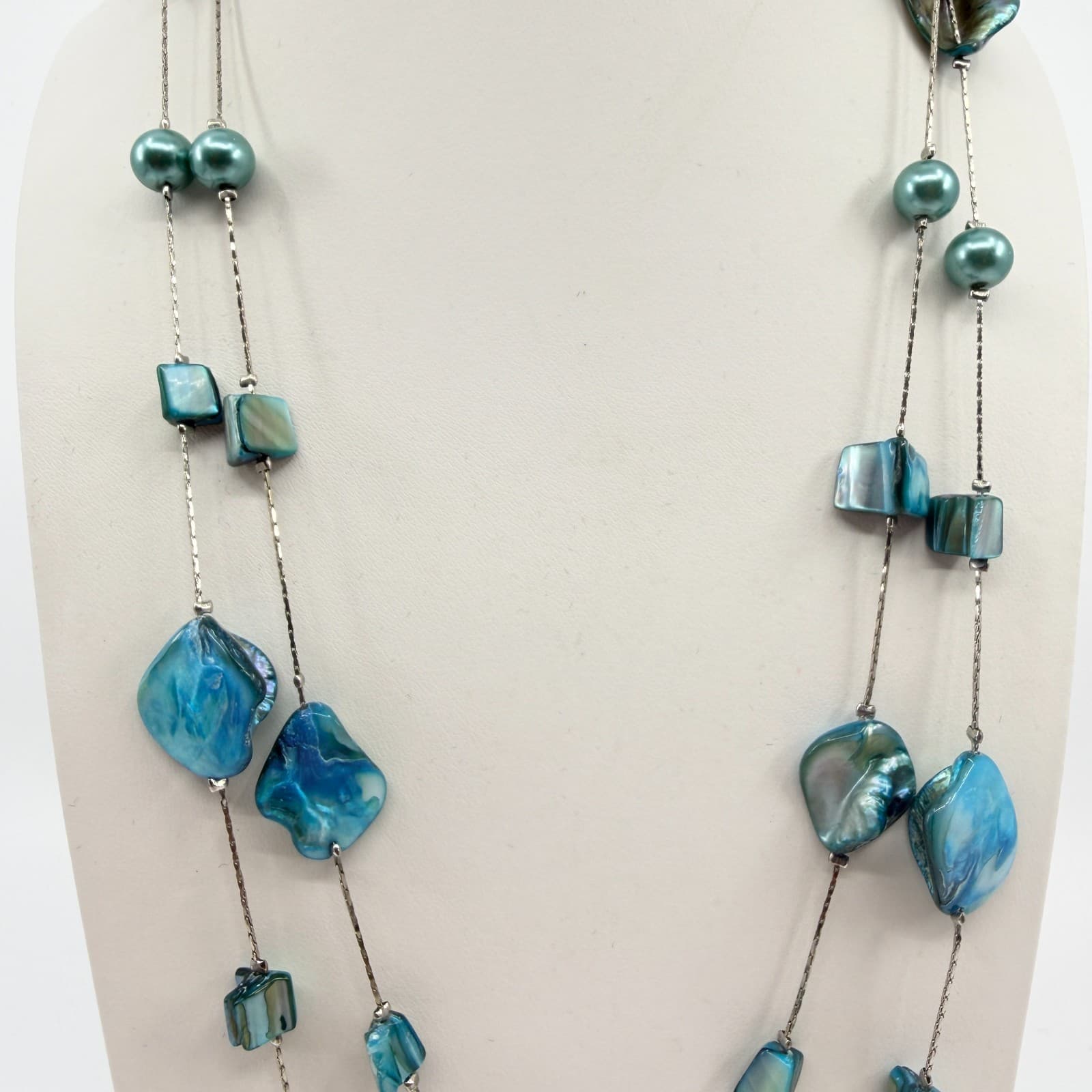 Vintage Silver Tone Long Layered Necklace Teal Blue Green Faux Shell Bead Boho - Thumbnail 5