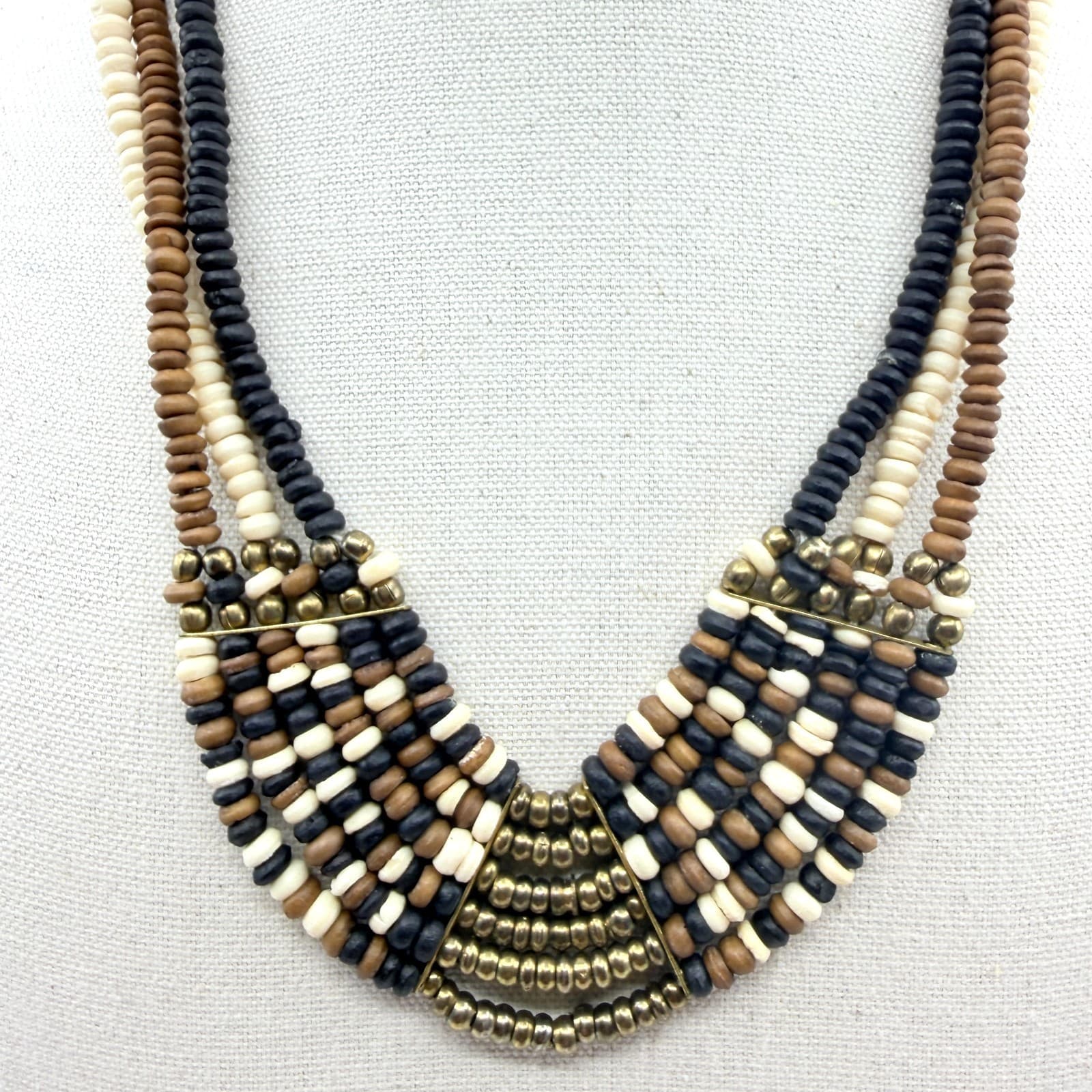 Vintage Brass Tone Multi Strand Beaded Choker Bib Necklace Black Cream Gold Boho