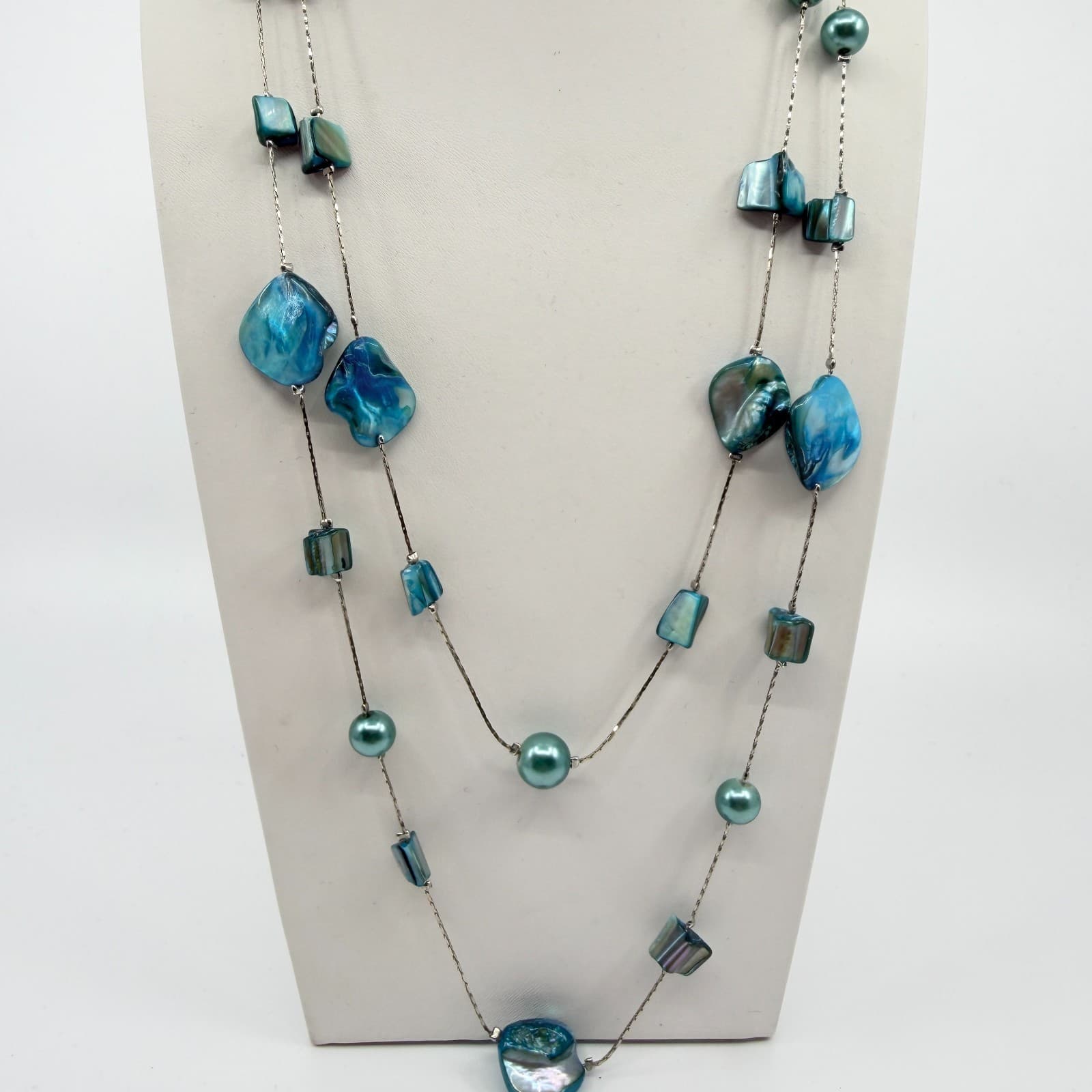 Vintage Silver Tone Long Layered Necklace Teal Blue Green Faux Shell Bead Boho - Thumbnail 4