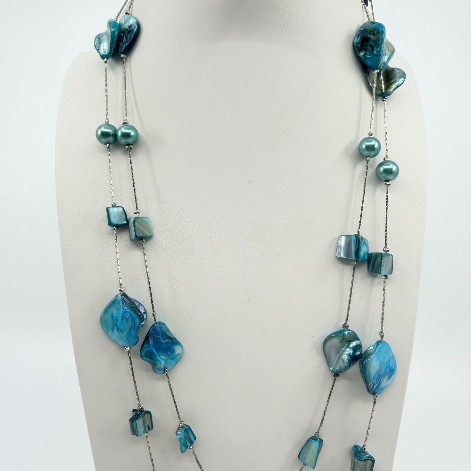 Vintage Silver Tone Long Layered Necklace Teal Blue Green Faux Shell Bead Boho - Thumbnail 6