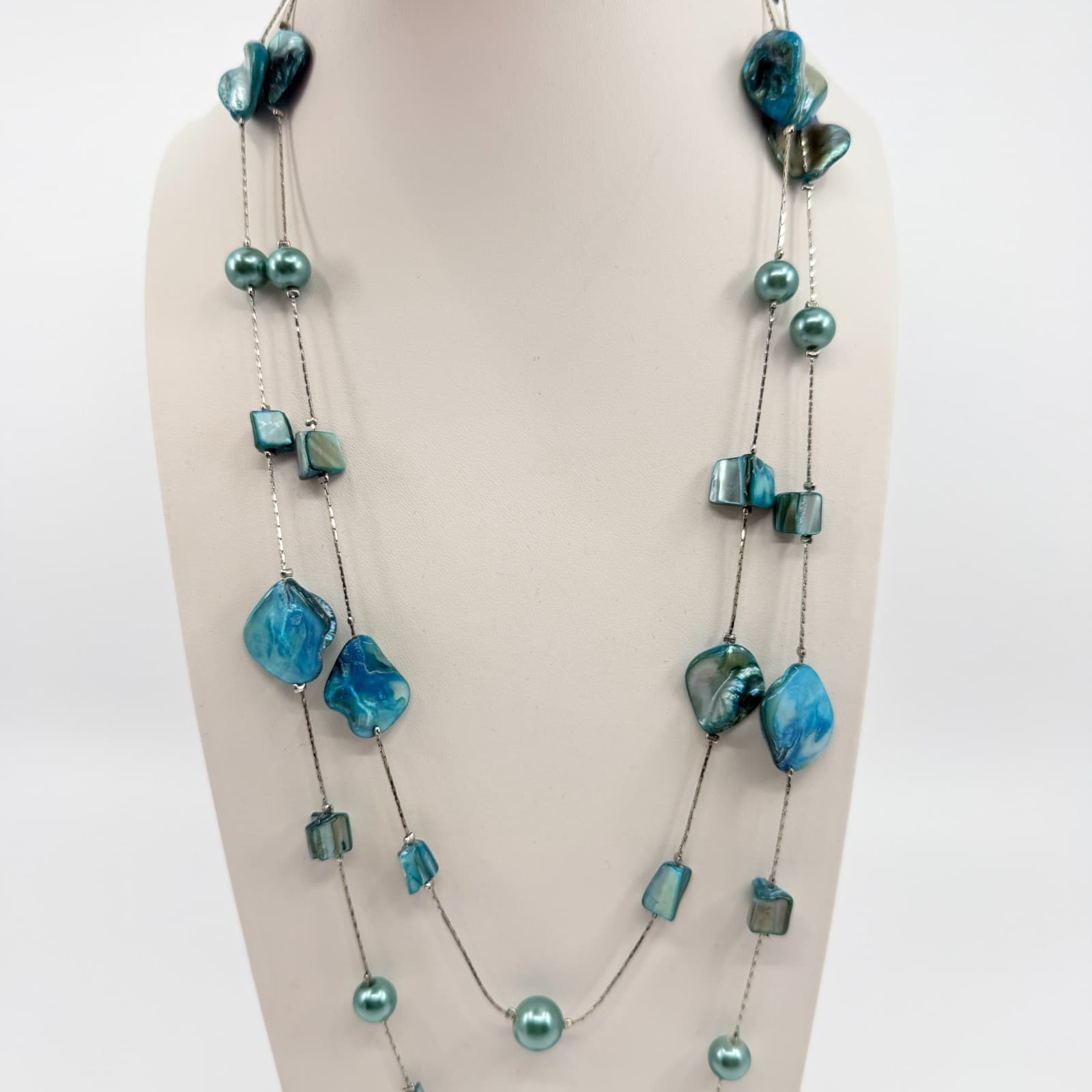 Vintage Silver Tone Long Layered Necklace Teal Blue Green Faux Shell Bead Boho - Thumbnail 7
