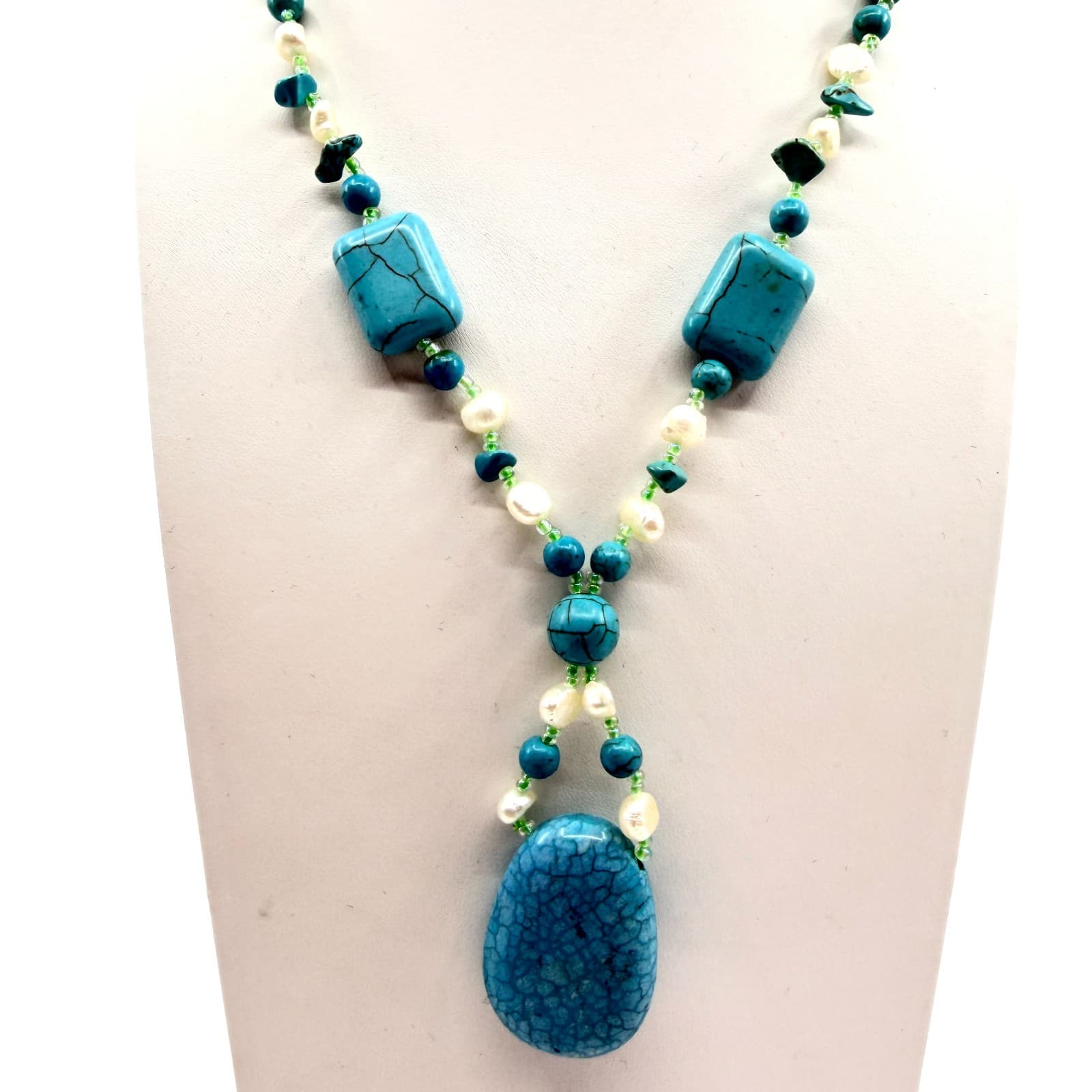 Vintage Faux Turquoise Pendant Necklace Simulated Pearl Bead Strand Y Drop 90s