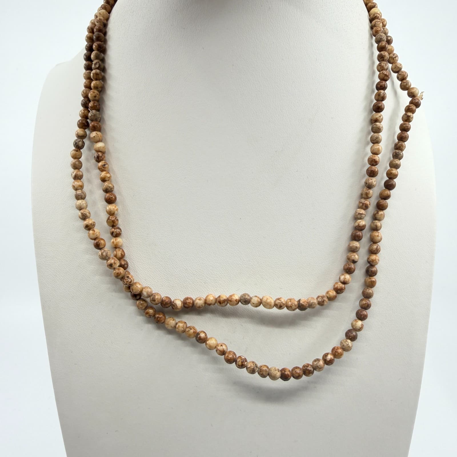 Vintage Brown Marbled Earth Tone Bead Strand Necklace Long Layered Retro Boho - Thumbnail 6