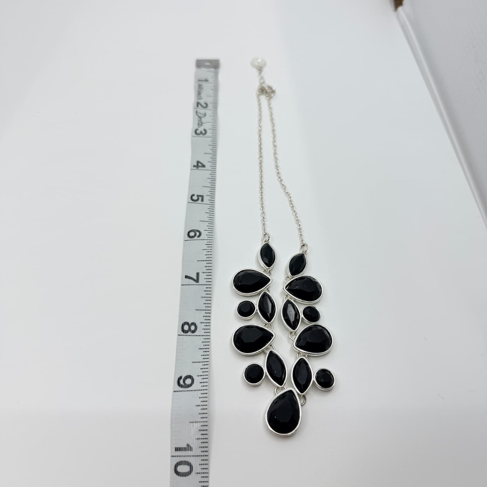 Vintage Silver Tone Black Faceted Resin Bib Necklace Teardrop Marquise Choker - Thumbnail 8