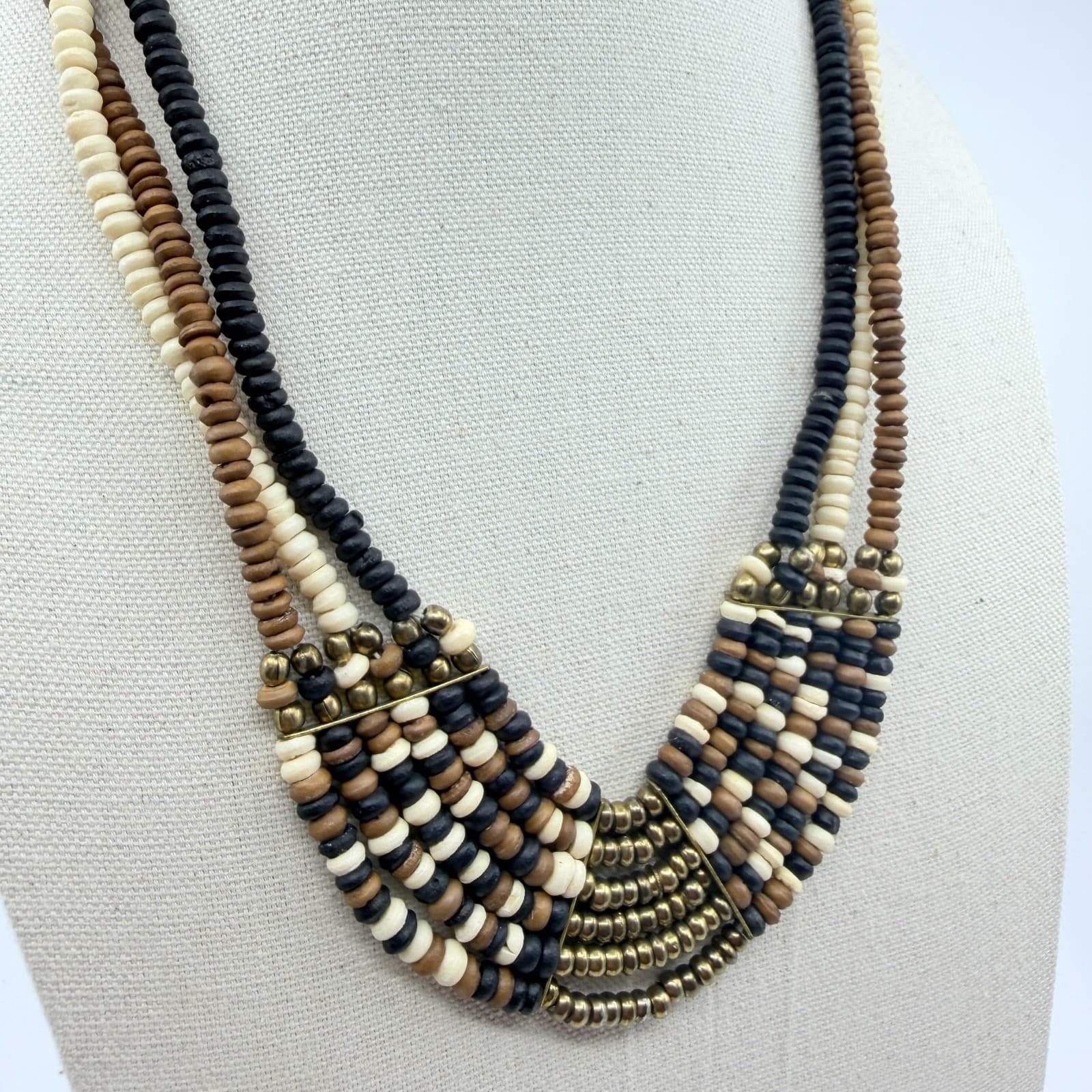 Vintage Brass Tone Multi Strand Beaded Choker Bib Necklace Black Cream Gold Boho - Thumbnail 5